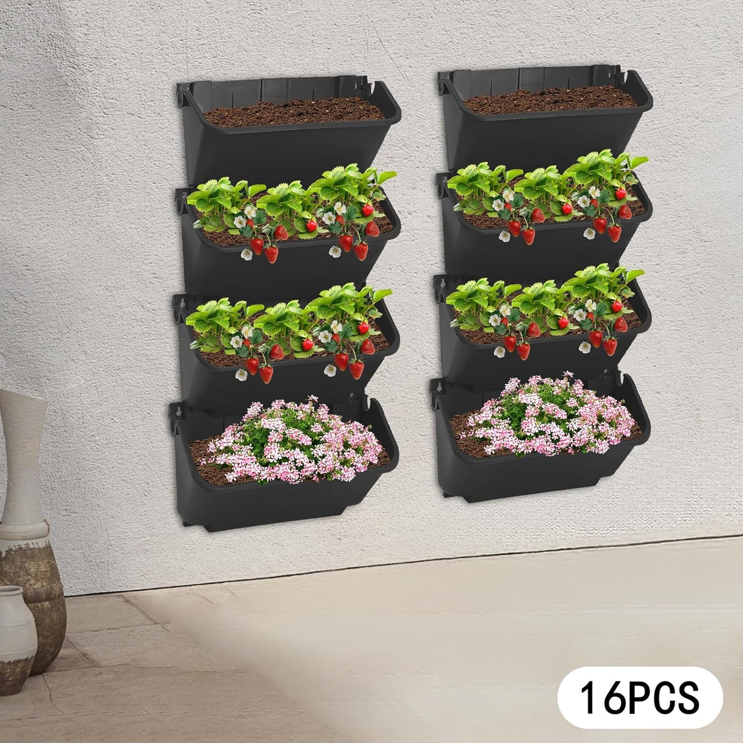 16-Pot Vertical Wall Planter, Self-Watering Stackable Planters for Indoor & Outdoor Use, Perfect for Herbs, Flowers & Vegetables (16, Black)