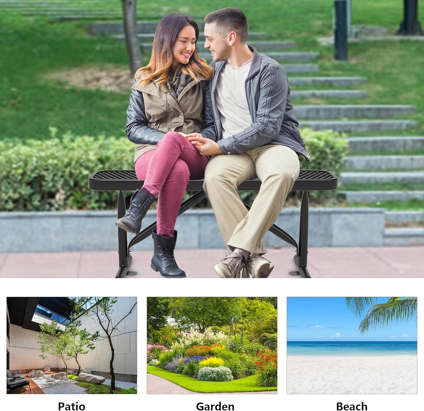 4 Feet Metal Park Bench for Outside, Outdoor Heavy Duty Garden Bench with Portable Frame, Commercial Benches for Shopping Mall, Store, Park, Patio, Deck, Black