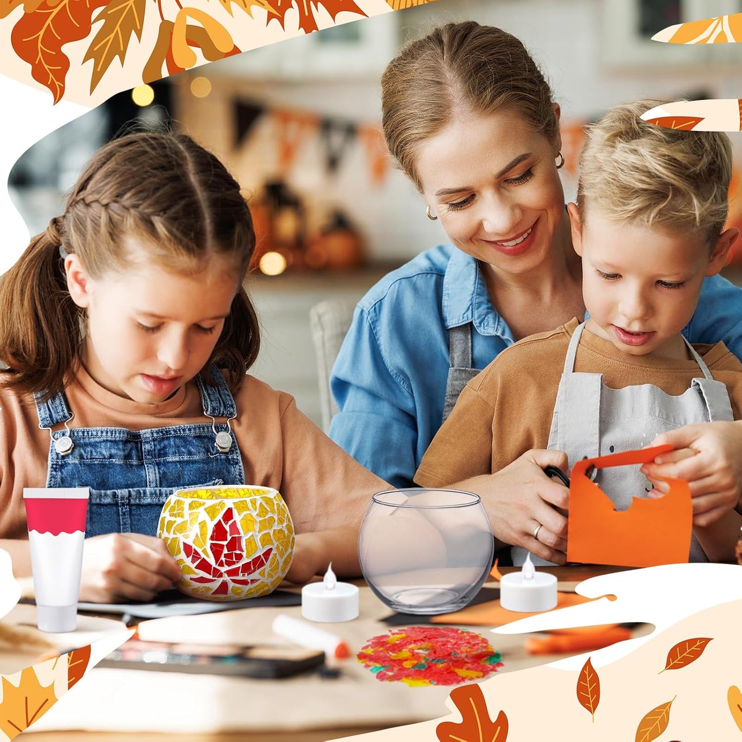 2 Set Glass Mosaic Candle Holder Kit Include Tea Light Holder, Glass Mosaic Tiles DIY Crafts Creativity Handmade Artwork for Adults Home Lighting Decor(Autumn Theme)