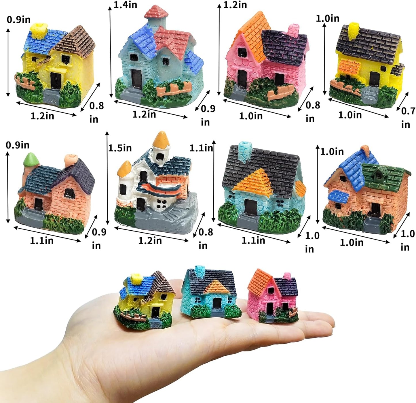 8PCS Colorful Miniature House Mini House Cottage Resin Figurines Fairy Garden Accessories Outdoor Vintage Small Micro Landscape Ornament Plant Flower Pot Terrarium Home Decor Supplies