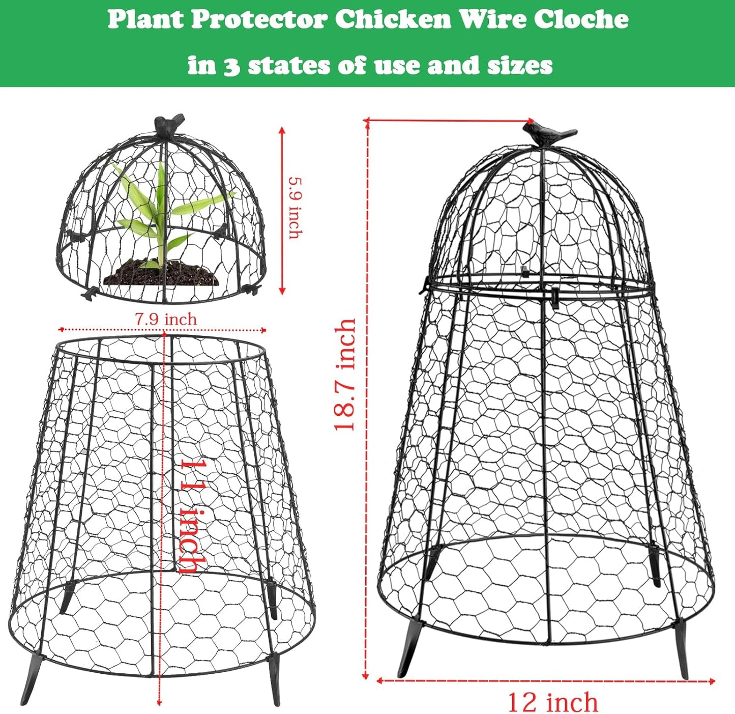 Plant Protector Chicken Wire Cloche, Plant Protectors from Animals, 18.7×12 Inch Large Garden Cloches for Plants, Sturdy 2-in-1 Cloche Dome for Plants, Plant Protectors for Easy Pruning
