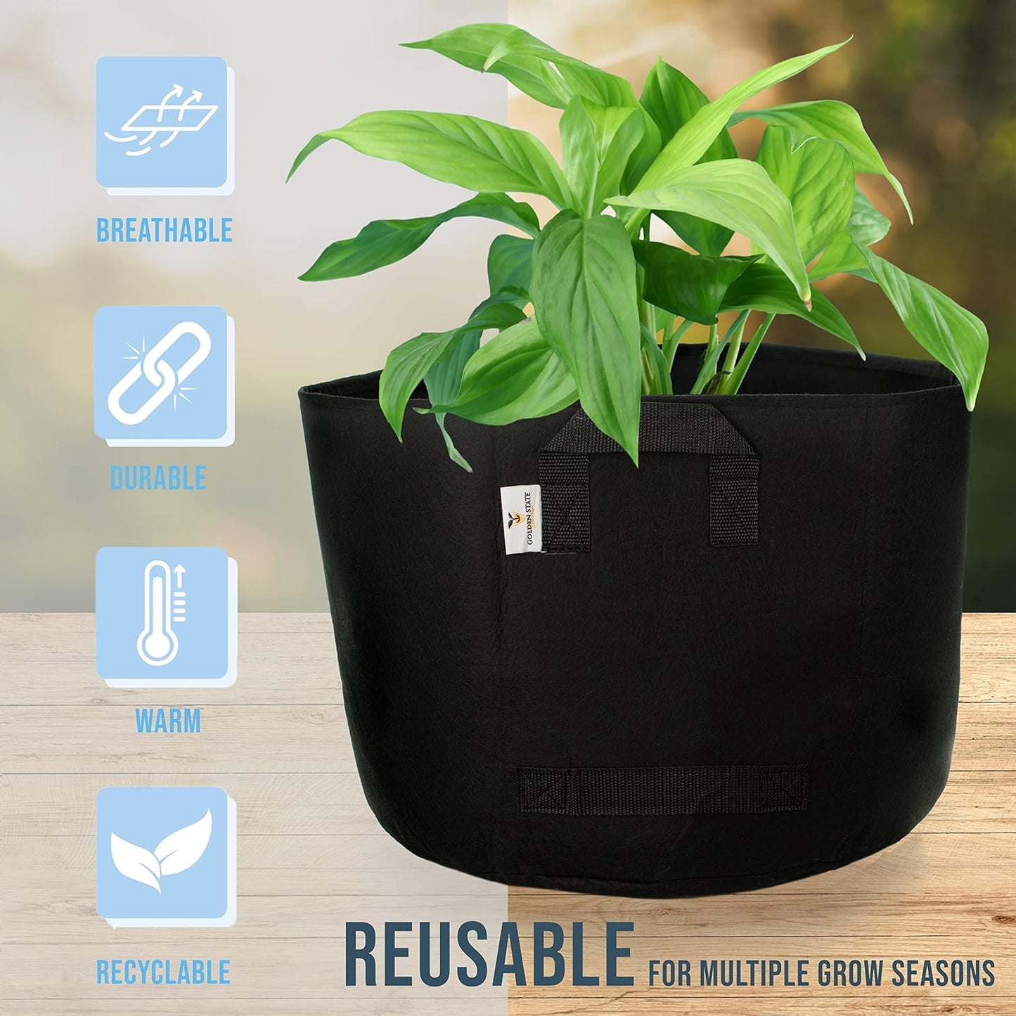 Grow Bags: 5-Pack (Size: 25 Gallon): 300gsm Black Felt Fabric, Biodegradable and eco-Friendly Material. (Handles + Dumping Handles-pat.Pend).