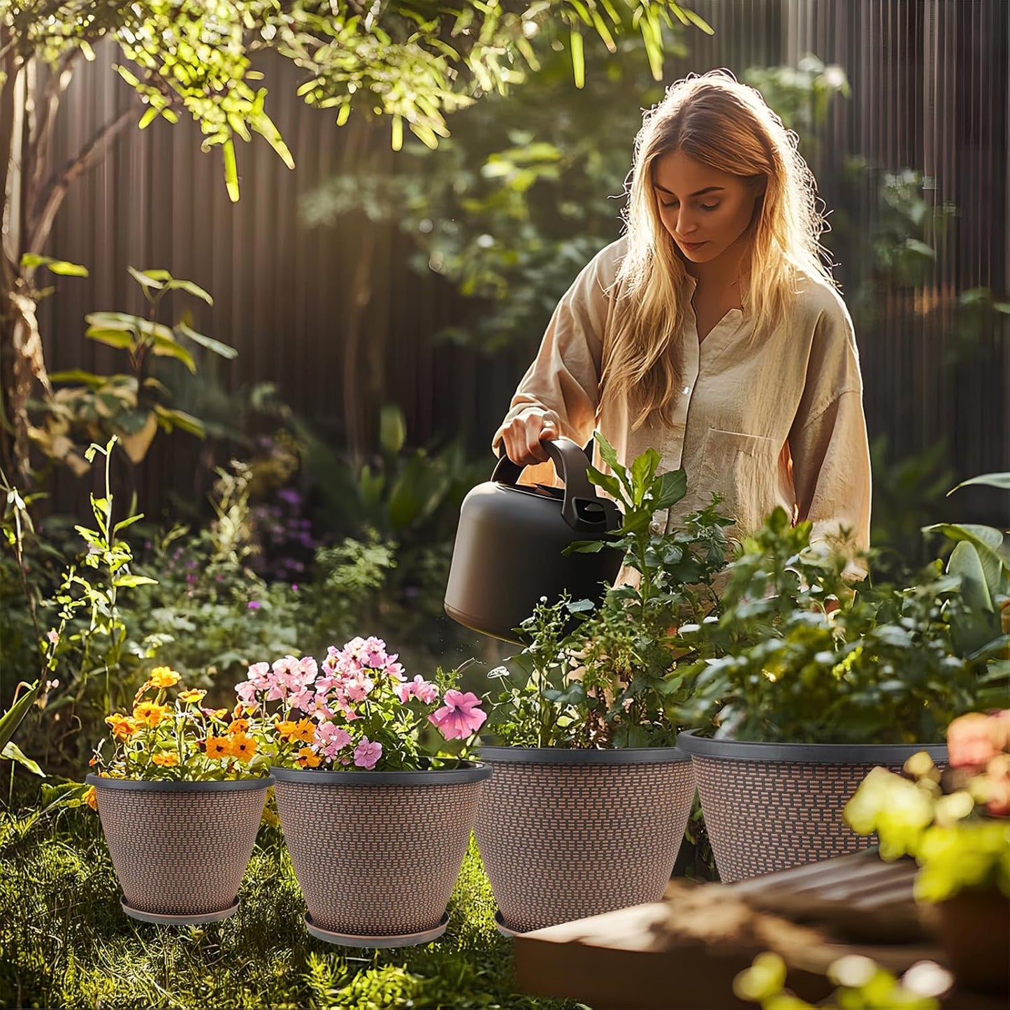 4 Pack 10 inch Plant Pot for Outdoor Indoor, Plastic Flower Pots with Drainage Holes & Saucers, Lightweight Large Outdoor Planter Pot, Imitation Knit Pots for Garden House Planters (Black Copper)