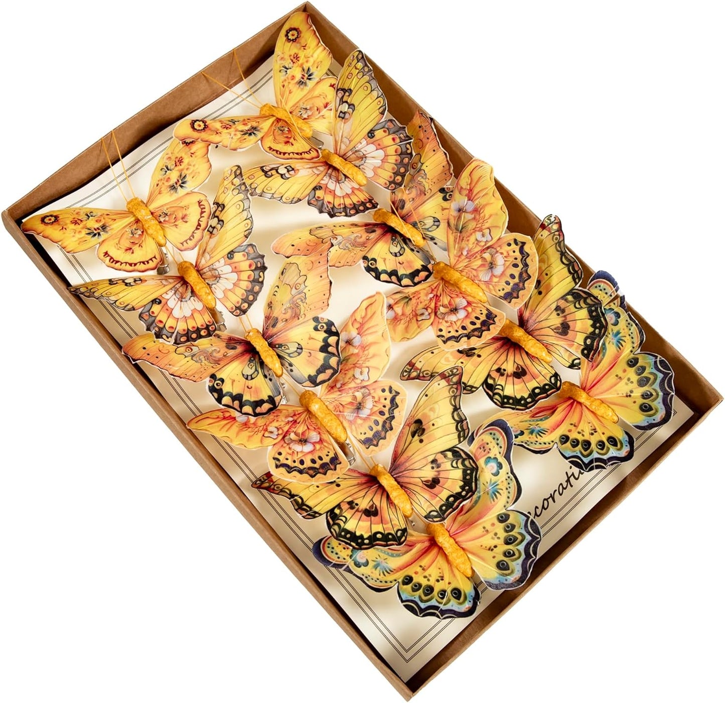 Berfutall-Artificial Feather 3D Butterfly Party Decorations Set of 12 with Clip 6 Color Yellow Series Ornaments for Home Decoration