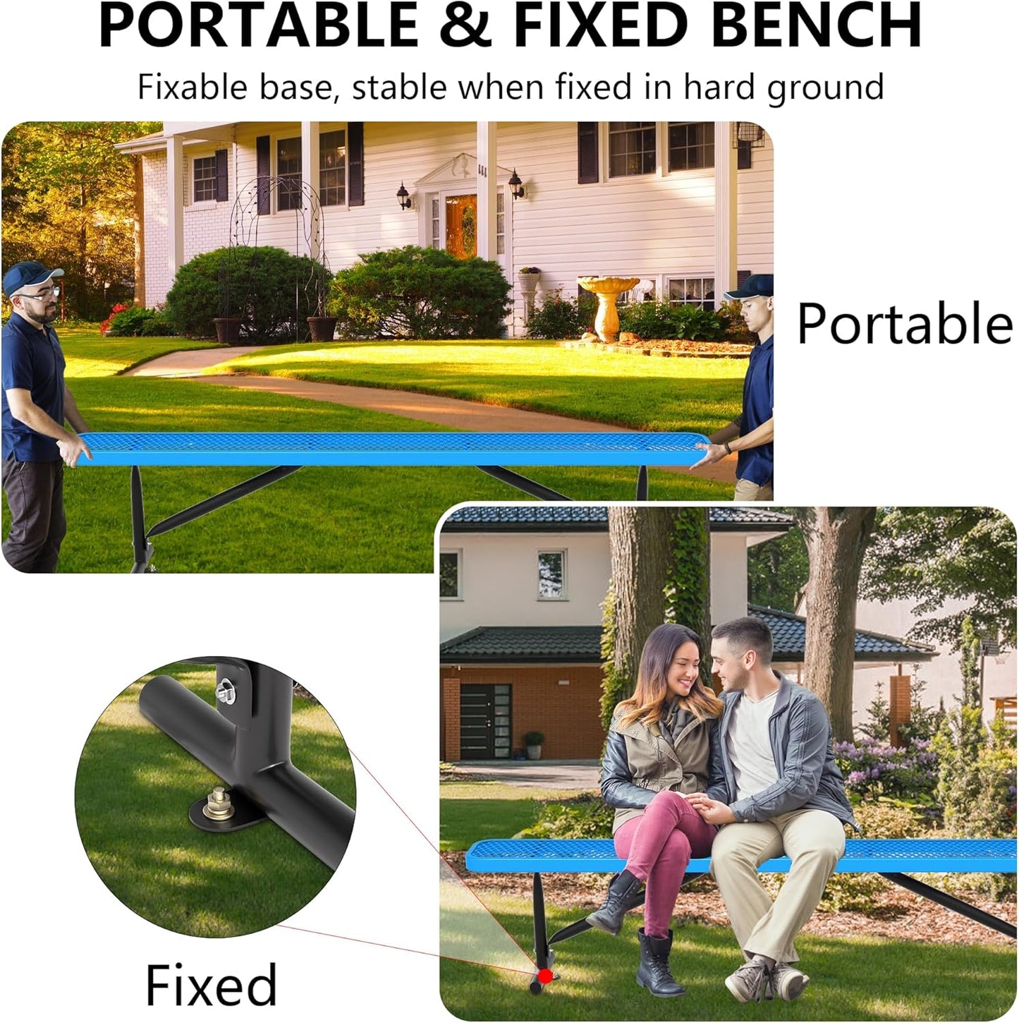 8 Feet Heavy Duty Metal Park Bench for Outside, Outdoor Bench with Portable Frame, Commercial Benches for Shopping Mall, Store, Park, Patio, Deck, Blue