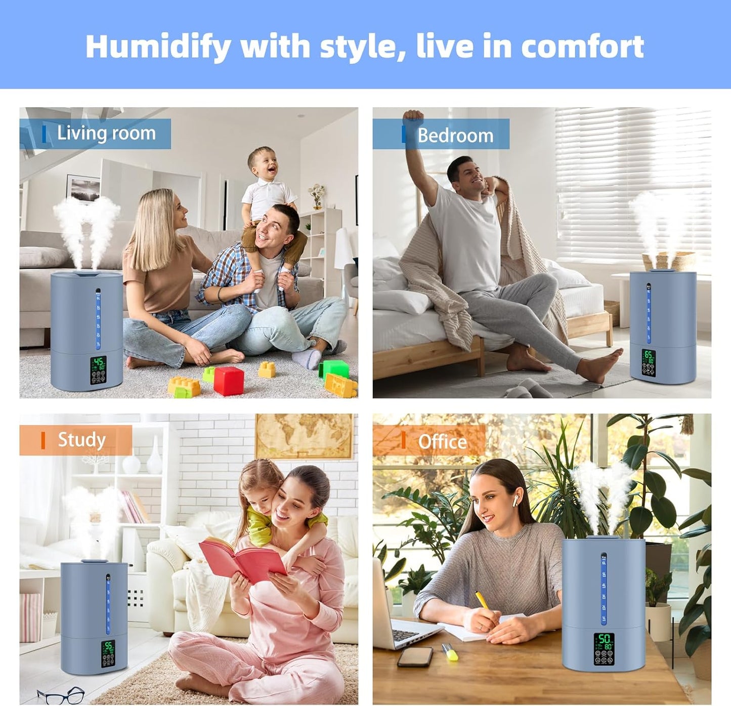 6L Humidifiers for Bedroom Large Room Home, Cool and Warm Humidifiers for Baby and Plants Mist Top Fill Desk Humidifiers Essential Oil Diffuser, Quiet with Adjustable Mist,360°Nozzle-Blue