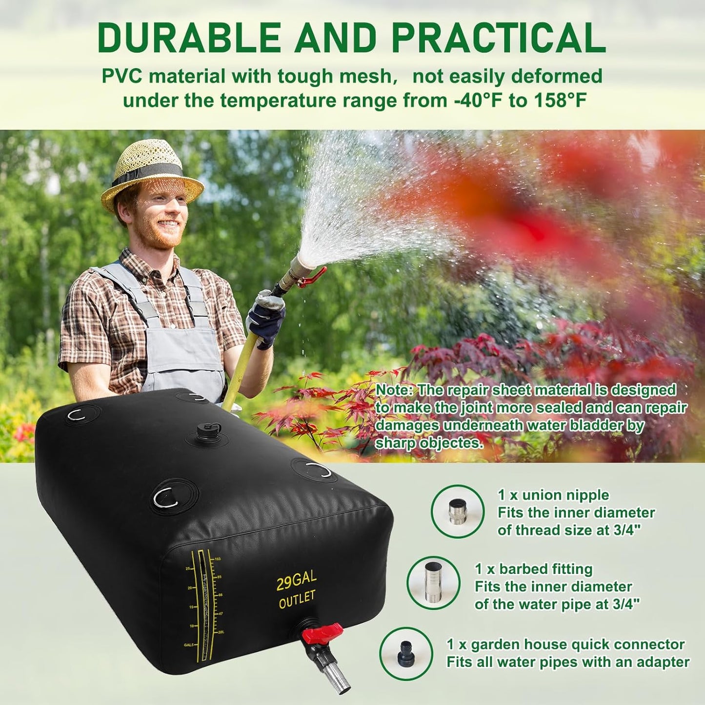 110L/29 Gal Water Bladder with Water Level Indicator, PVC Foldable and Portable Water Tank with 3 Connectors and Overflow Kit, Ideal for RV, Camping, Rainwater Collecting,Planting Watering