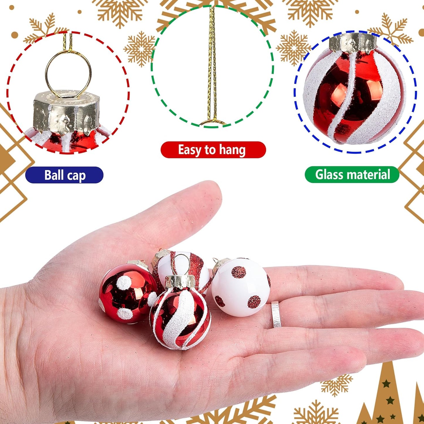 Watayo 24 Pcs Christmas Candy Balls Glass Ornaments, 1" Mini Glass Candy Balls Hanging Ornament, Sweet Red White Candies Ball Ornaments for Christmas Tree Holiday Party Decoration