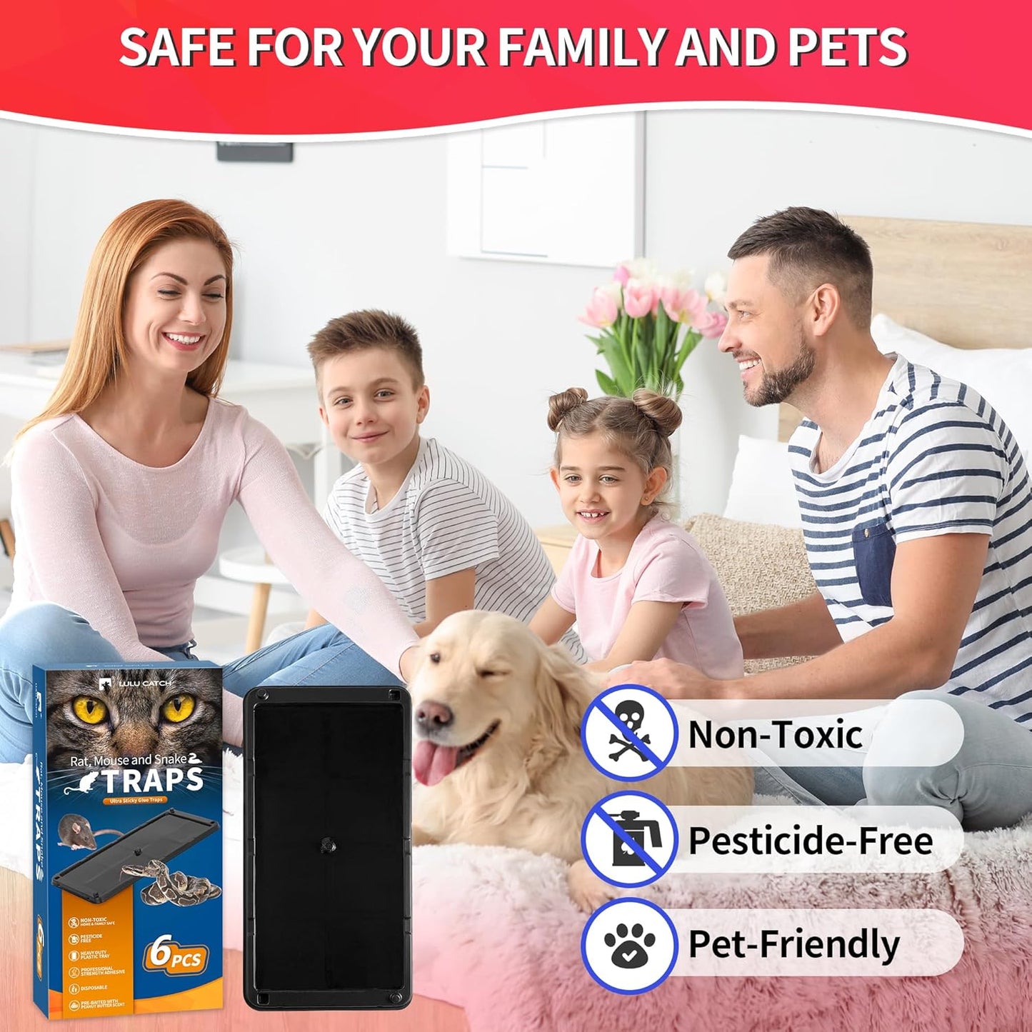 LULUCATCH Mouse Traps, 6 Pack Large Glue Traps Mouse Traps Indoor for Home, Pre-Baited Non-Toxic Bulk Glue Boards for Mice, Snakes, Rat, Cockroaches & Spiders, Pet Safe Pest Control