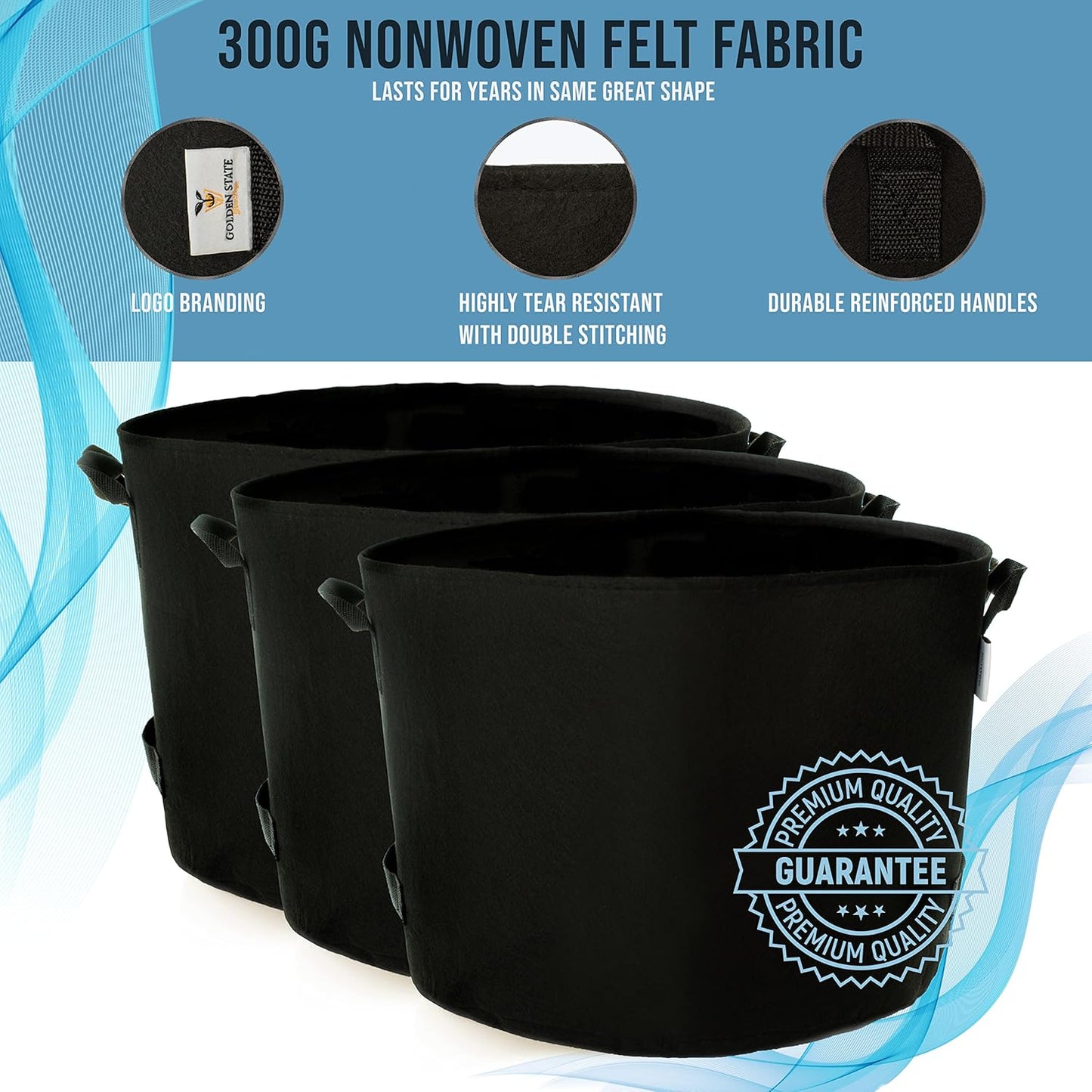 Grow Bags: 5-Pack (Size: 30 Gallon): 300gsm Black Felt Fabric, Biodegradable and eco-Friendly Material. (Handles + Dumping Handles-pat.Pend).