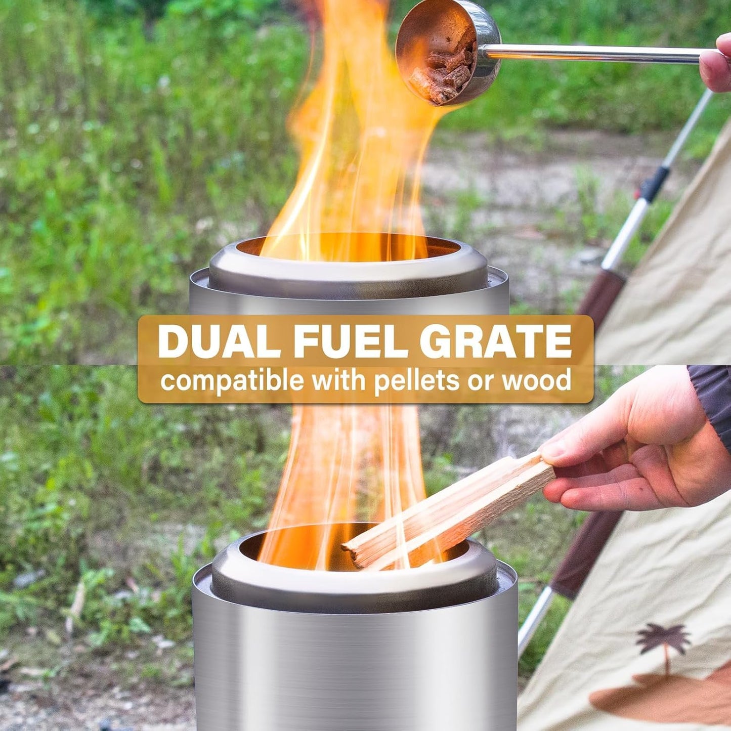 HGD 9.8 x 8.7 in Small Tabletop Fire Pit, Portable Mini Smokeless Table Top Firepit, Low Smoke Camping Stove for Outdoor & Patio, Fueled by Pellets or Wood, with Travel Bag, Stainless Steel, Silver