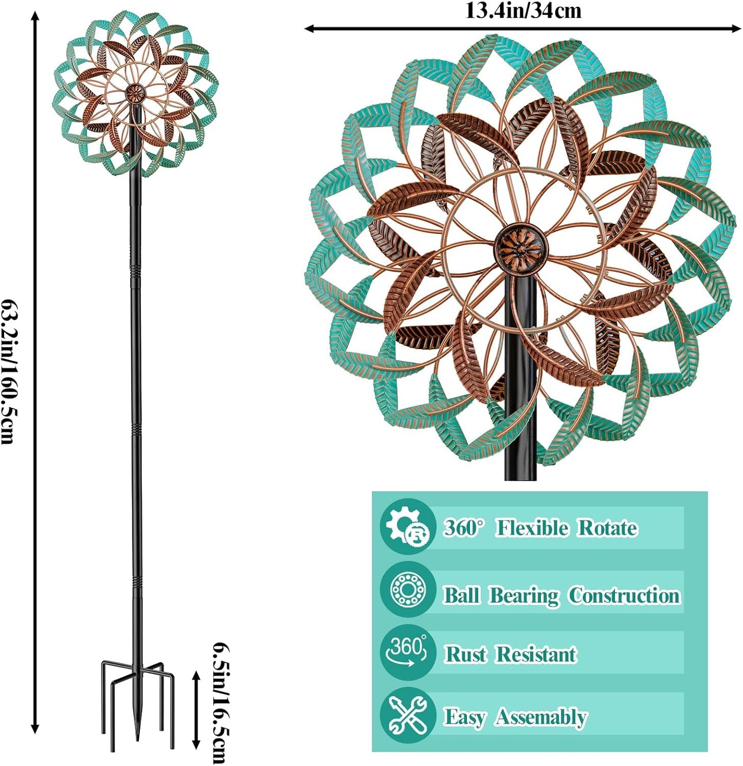 360° Wind Spinners Outdoor, Wind Sculptures Windmill with Metal Stake, Kinetic Large Metal Yard Art Decor Spinners Pinwheels for Garden Outside Patio Lawn, 63.2 * 13.2"