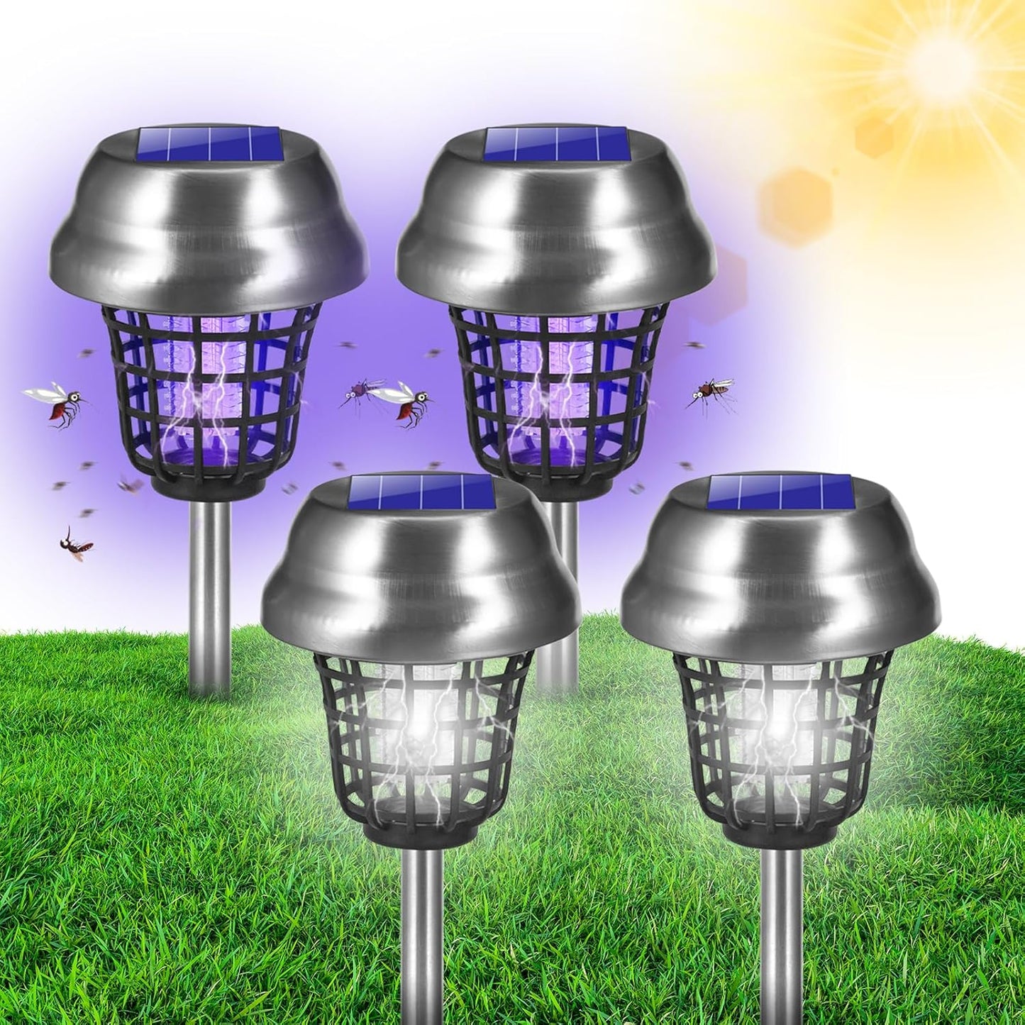 2025 Solar Bug Zapper Outdoor, Mosquito Killer Gnat Zapper, Waterproof Fly Traps for Bug Fly Gnat Small Flying Insect, Mosquito Repellent for Patio Yard Garden Farm(4Pack)