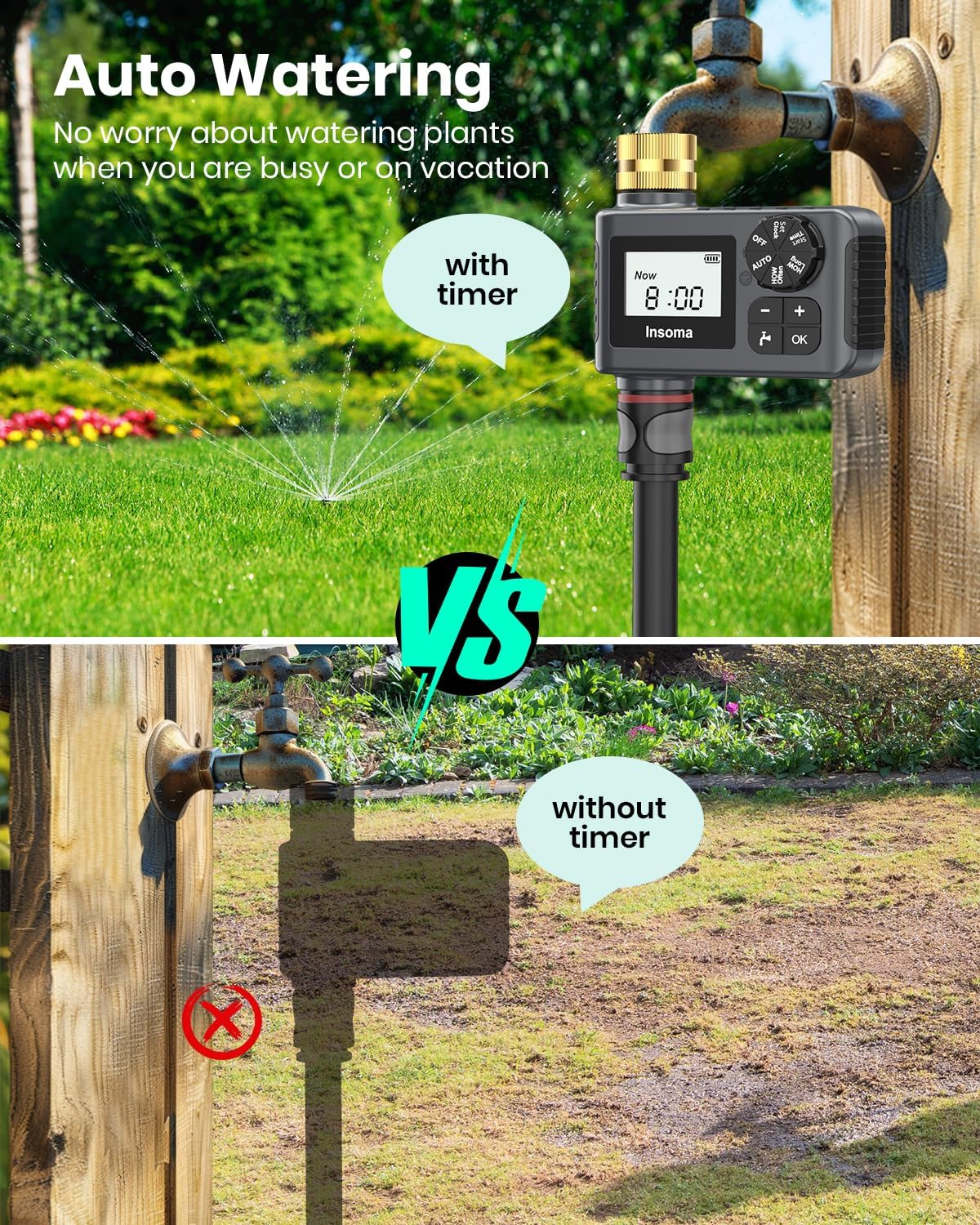 2 PCS Water Timer with Brass Inlet, Water Sprinkler Timer with Rain Delay/Manual/Automatic Drip Irrigation and Lawn Watering System for Yard