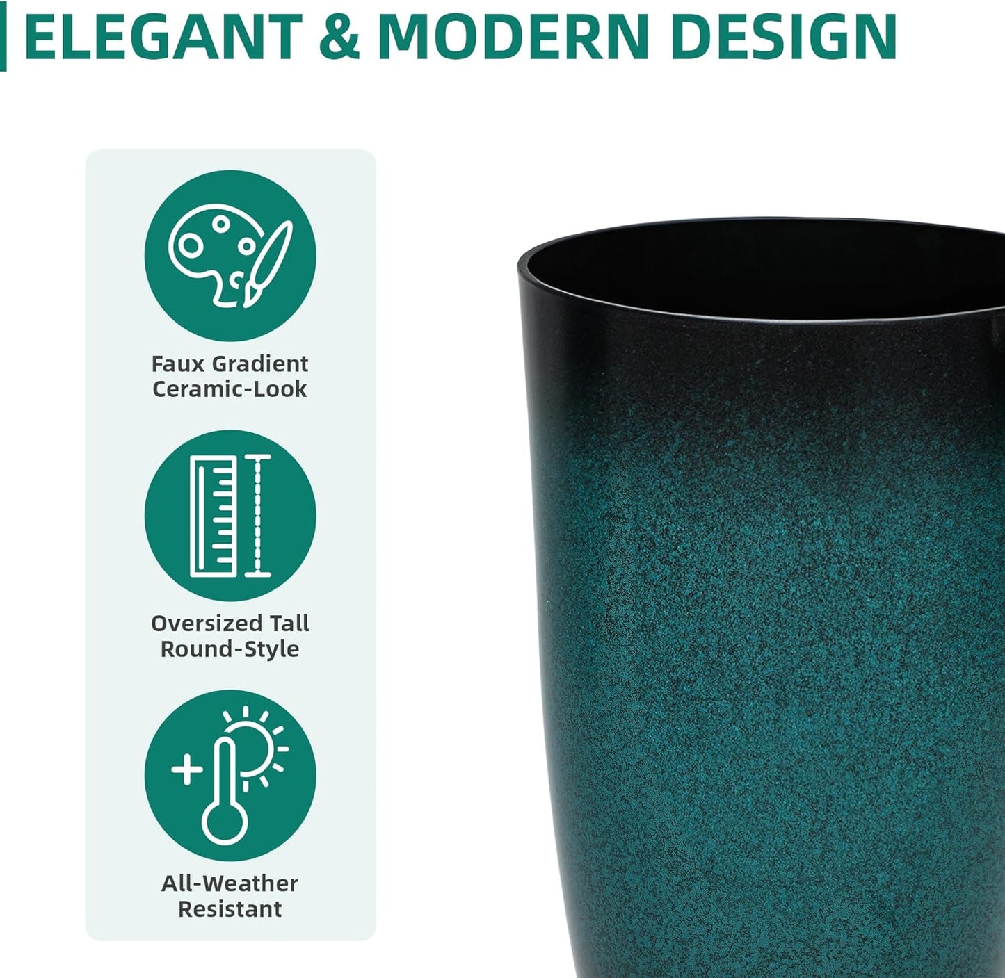 23.6" Set of 2 Tall Outdoor Planters, Gradient Turquoise Plastic Flower Pots, Weatherproof for Porch, Garden, Patio or Indoor Décor