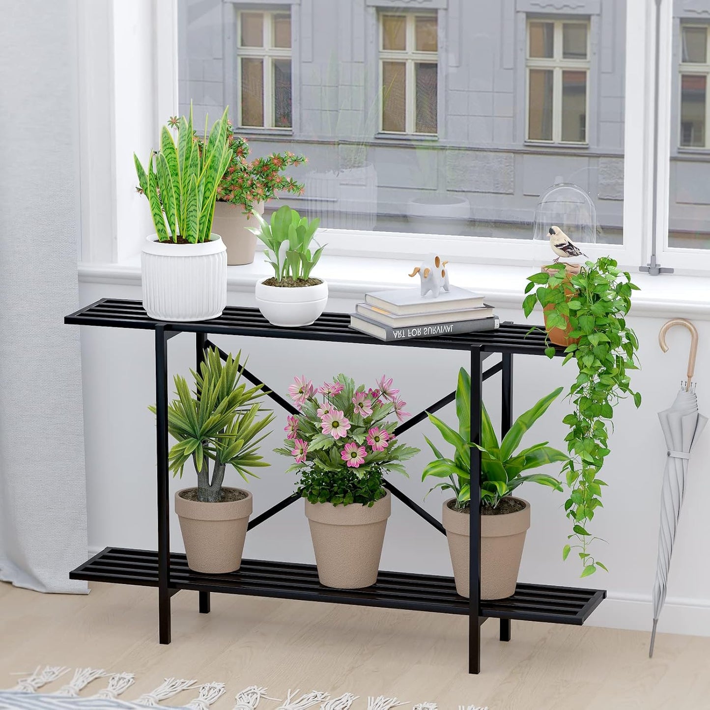 Zhongma 2 Tier Metal Sturdy Heavy Plant Stand, Narrow Plant Stand Indoor and Outdoor, L45.67 x W10.3 x H27.5 inch, 440 LBS Capacity & Heavy Duty Construction. …