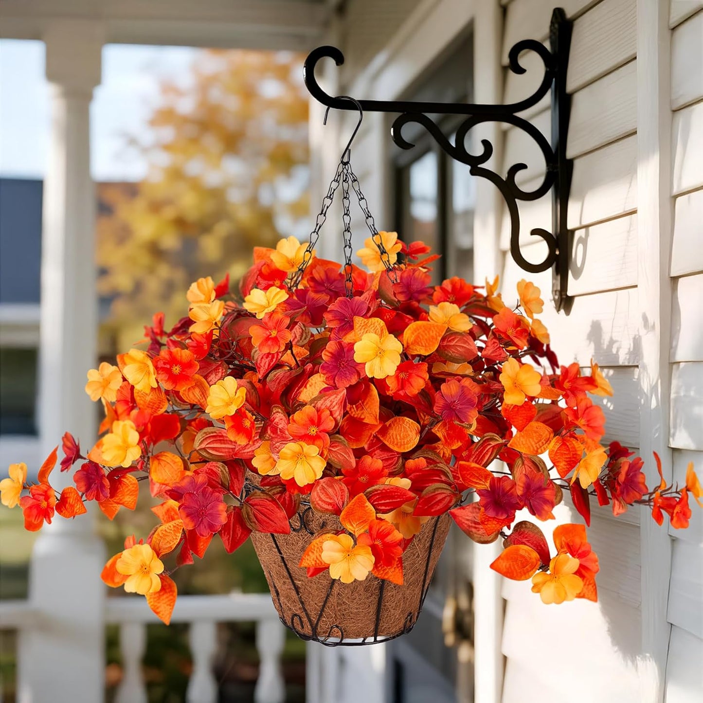 Hanging Artificial Fall Flowers Basket for Outdoors Outside 3PCS Fake Plants Faux Orange Fall Flowers for Outdoors Planters UV Resistant Silk Flowers for Home Porch Patio Garden Autumn Decoration
