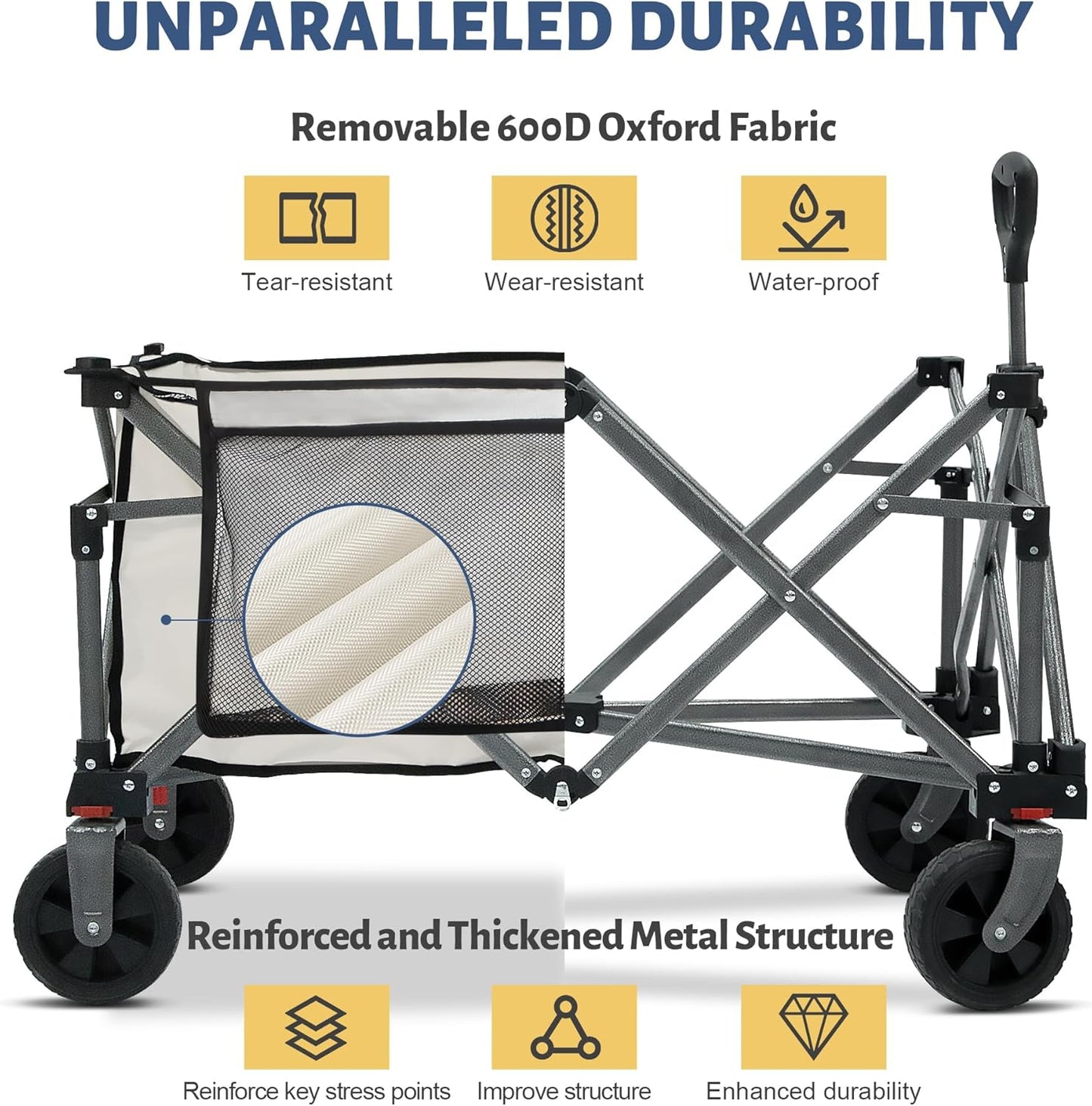 Collapsible Folding Wagon Cart, 220LBS Heavy Duty Foldable Utility Garden Cart with All Terrain Wheels & Side Storage Bag, Portable Sports Wagon for Camping, Shopping, Garden