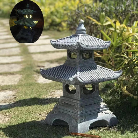 Outdoor Solar Pagoda Lantern,2 Tier Pagoda Lantern Garden Statue,Zen Garden Lantern Pagoda,Pagoda Lantern Japanese Style. for Zen Lawn Garden Decoration and Christmas Ornament (Solar Lights)