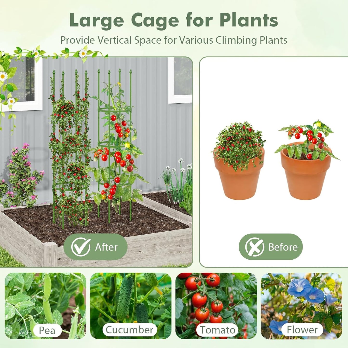 57" Tomato Caga, 2 Pack Tall Plant Support Cage with Adjustable Heights & Bud-Shaped Top, Rustproof Metal Trellis for Potted Plant, Tomato, Climbing Plant & Flower