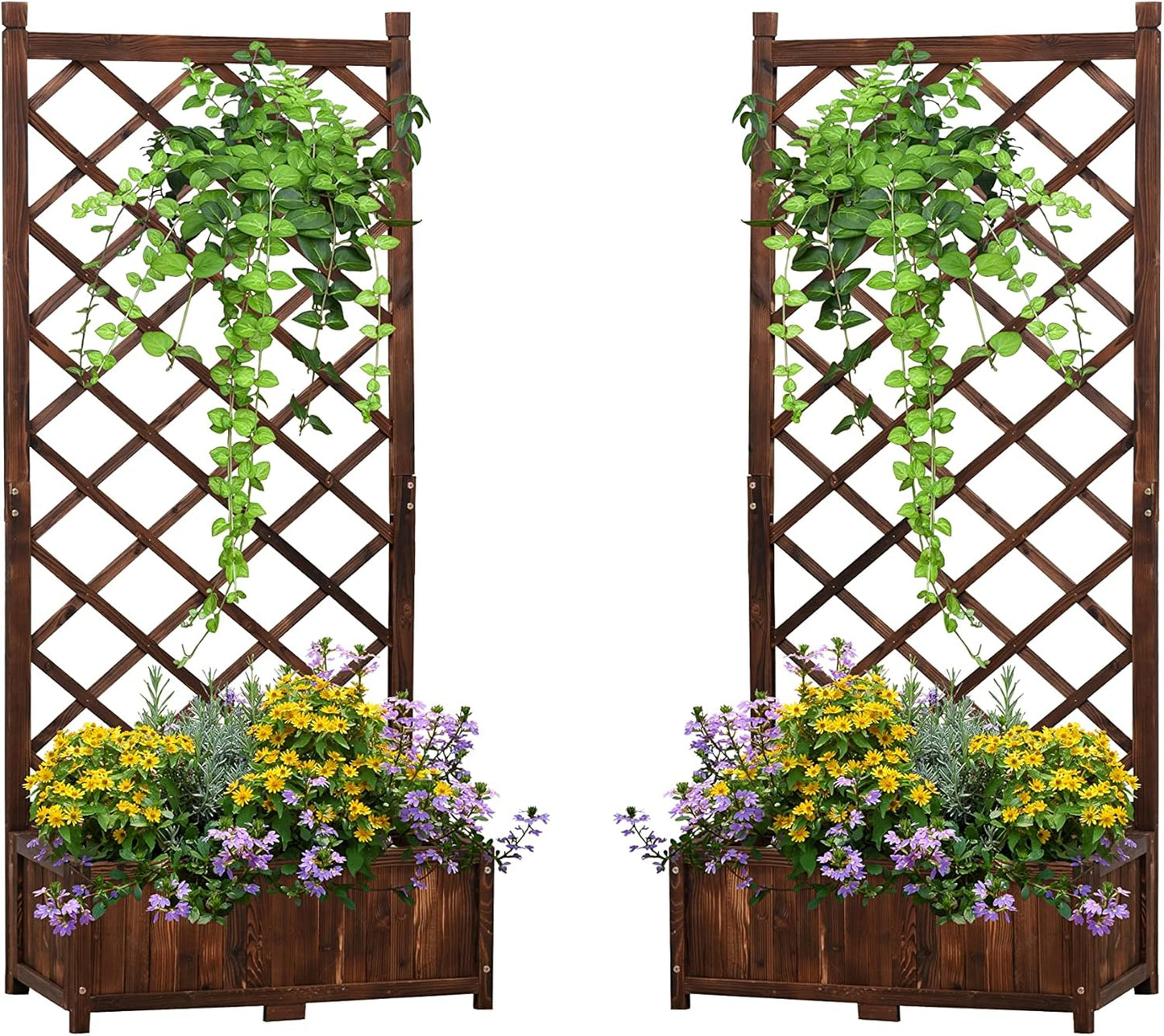 Anraja Raised Garden Bed Planter with Trellis Outdoor Wood Box 67in Set of 2 Flower Standing Planter Box Privacy Lattice Panels with Legs for Patio Porch w/Drainage Holes 29.5" L x 17.0" W x 67.0" H