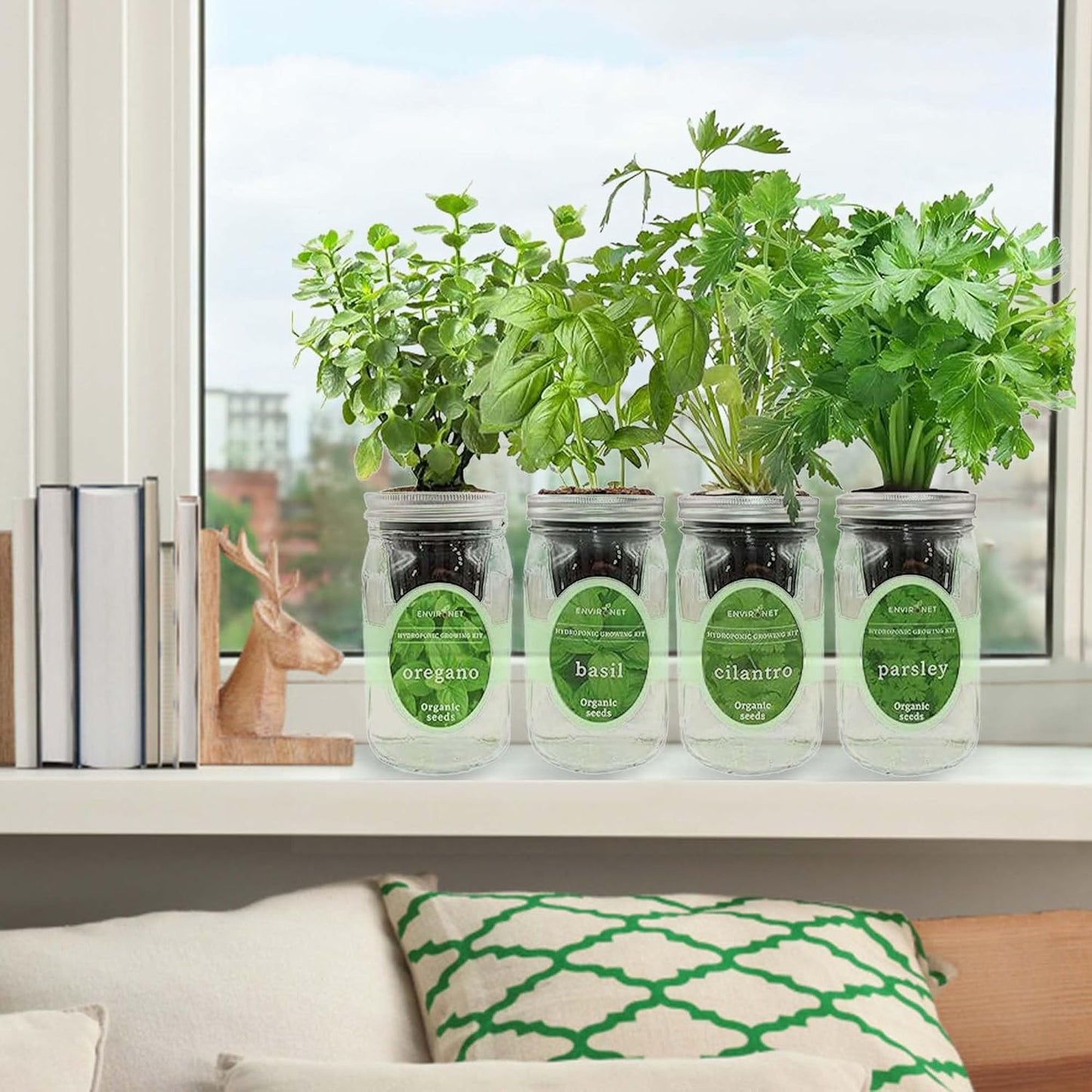 Hydroponic Herb Growing Kit Set, Self-Watering Mason Jar Herb Garden Starter Kit Indoor, Grow 4 Kinds of Herbs from Seeds (Cilantro,Basil,Parsley&Oregano)