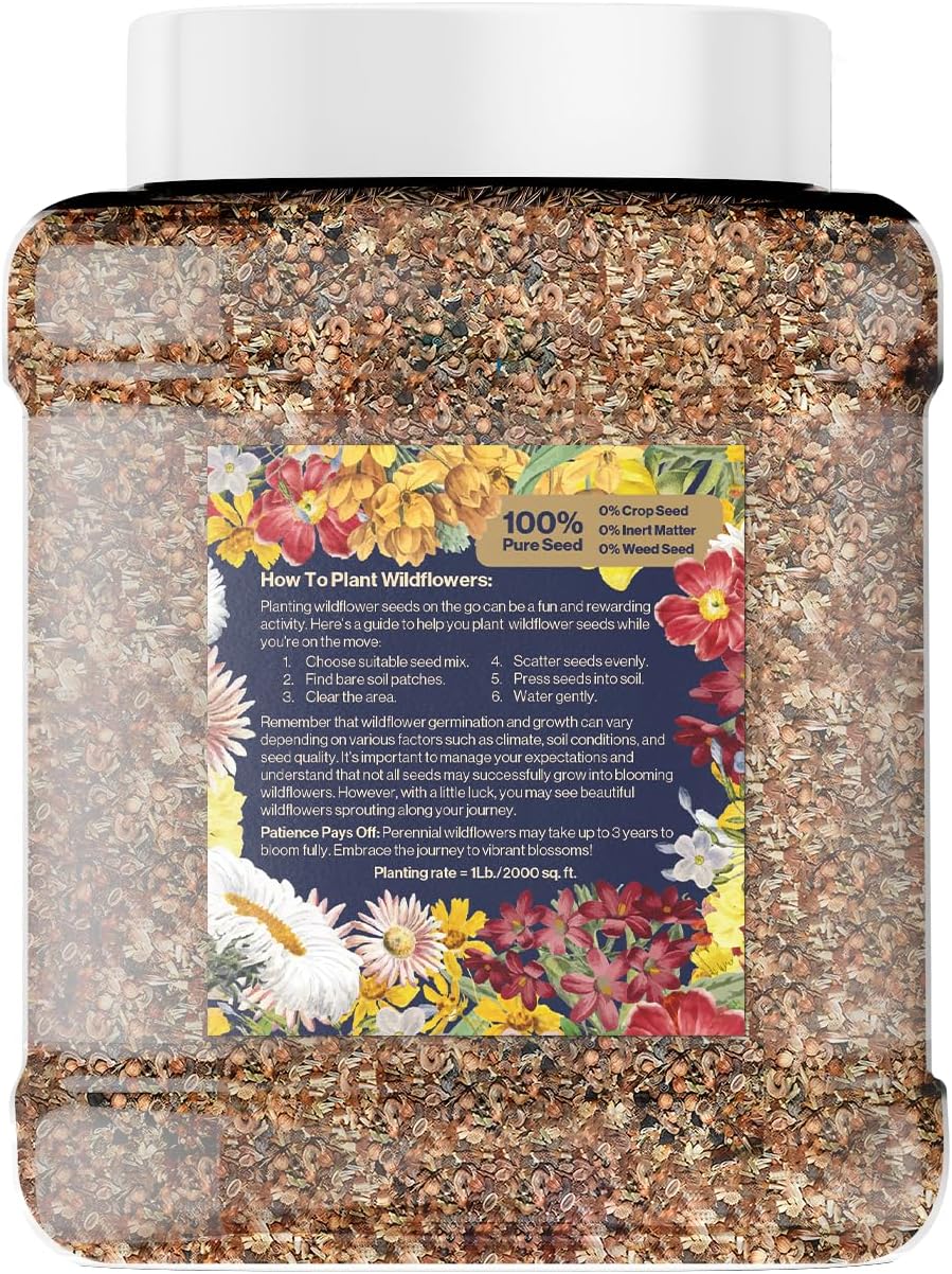 Bulk Wildflower Seed Shaker – Perennial Flower Seeds Mix to Plant Anywhere, by Geva Grow | 20 - Different Type Beautiful Perennial Wildflower Seeds Bulk 900,000+ Seeds, 1 Pound Tub