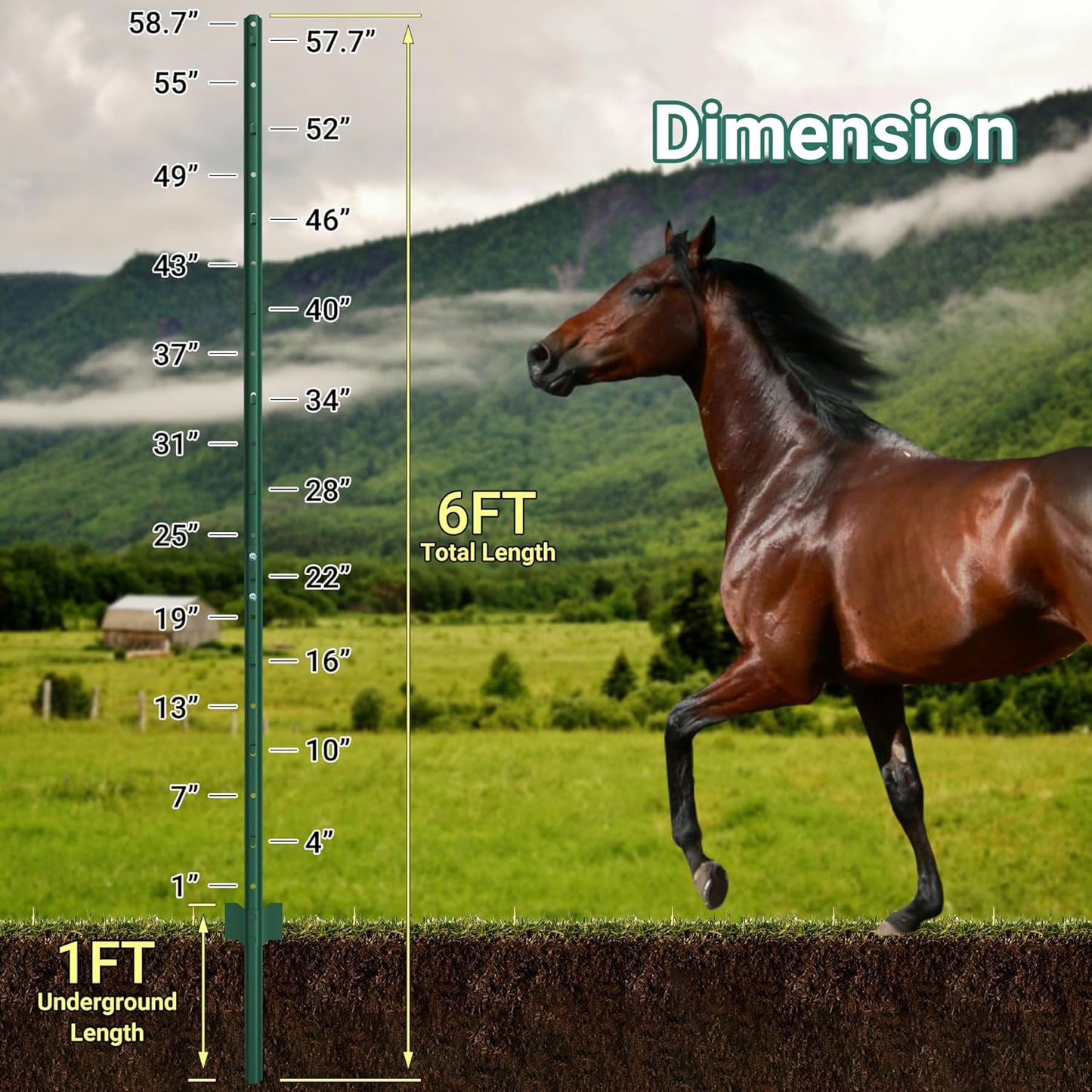 Fence Posts 6 Ft - 16 Pack, Requires Manual Assembly, Heavy Duty Metal Fence Post, No Dig U Post for Farm, Garden, Orchard and Outdoor Wire Fencing (Green)