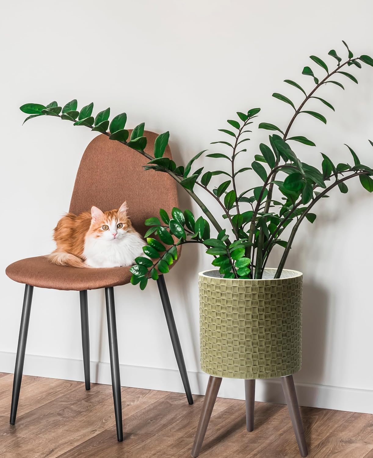 D'vine Dev 12 Inch Modern Geometric Tile Patterned Sleek Planter Pot with Stand, Indoor Outdoor Decorative Plant Holder, Distressed Olive, 88-Z-C-4