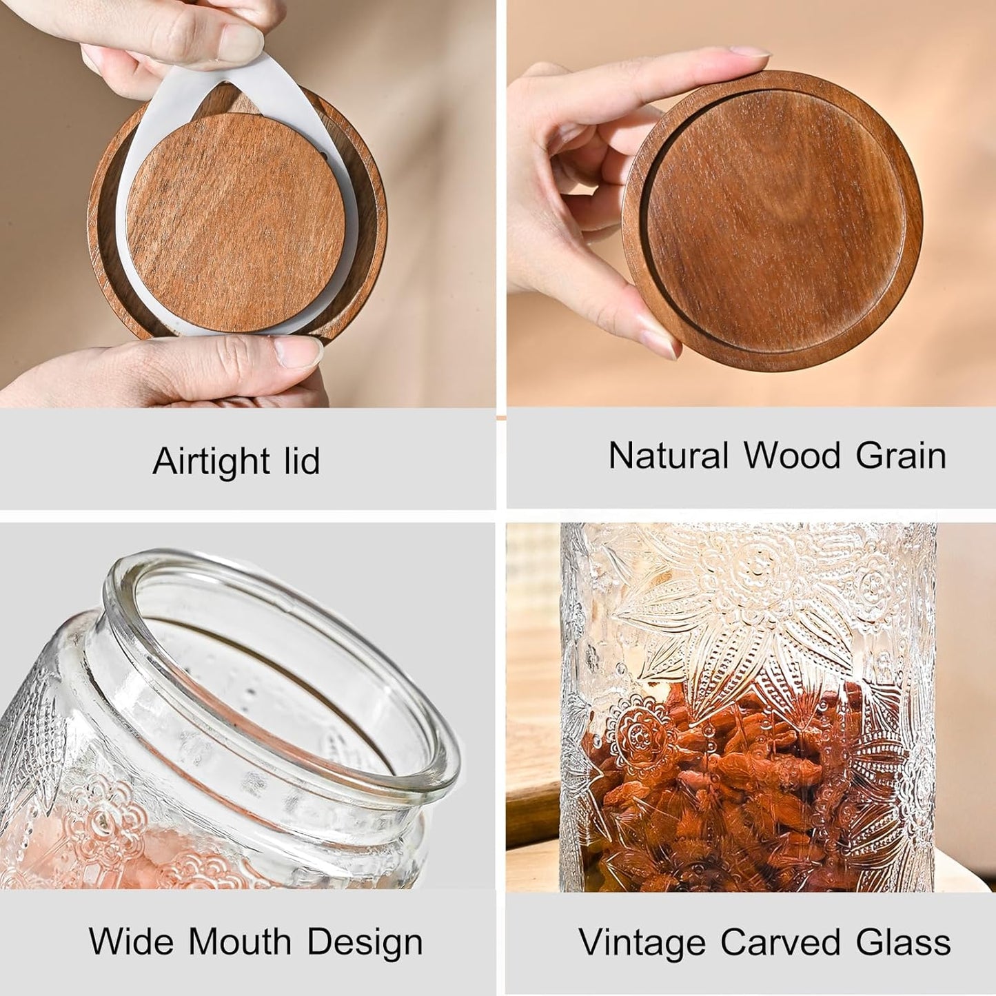 32oz Vintage Glass Jars With Lids, Airtight Food Storage Containers, Kitchen Canisters For Sugar, Coffee, Tea, Spice, Flour, Candy Cookie, Pasta, Cereal, Cute Decorative Jars