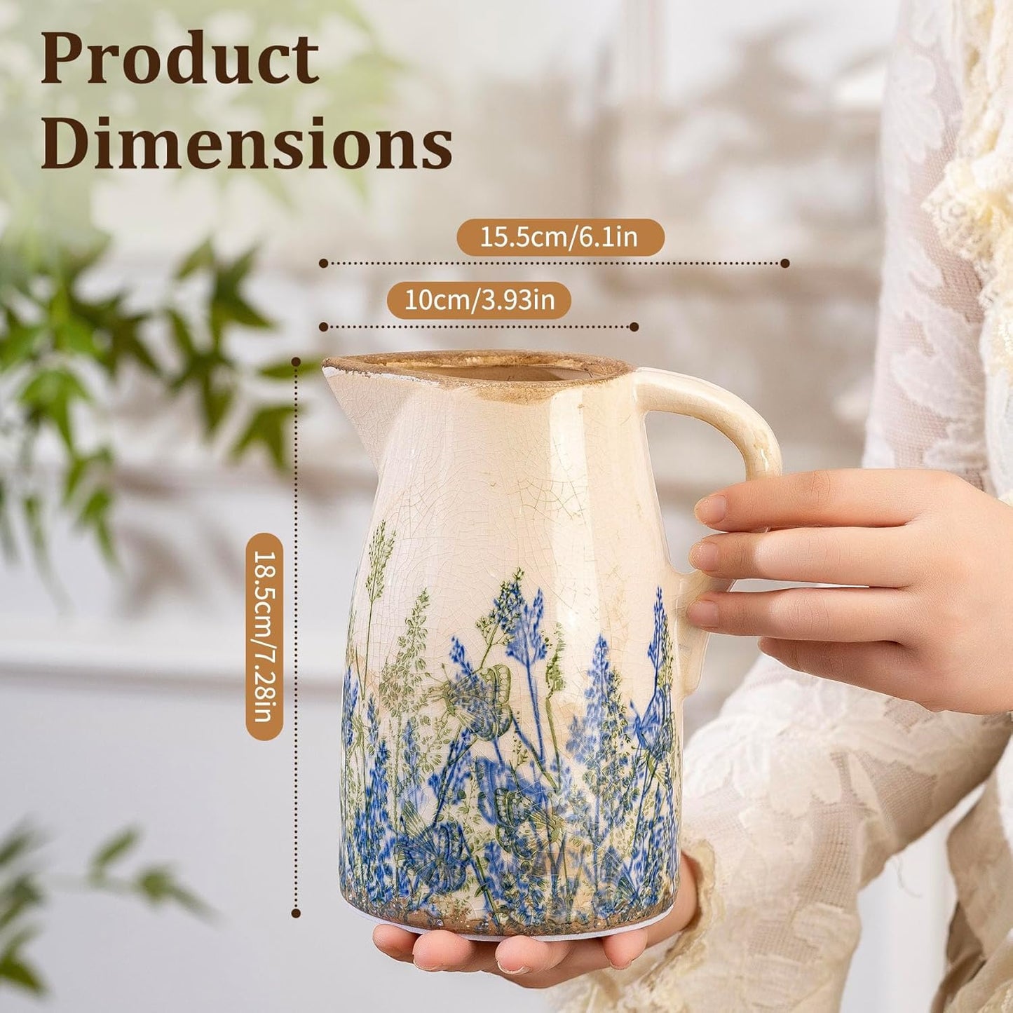 Navy Blue and Green Vintage Ceramic Floral Pitcher Vase, Rusitc Farmhouse Beige Decorative Flower Vase for Home Decor, Living Room, Rustic Table Centerpiece, Grand Millenial & Tuscan Decor 7.3 in