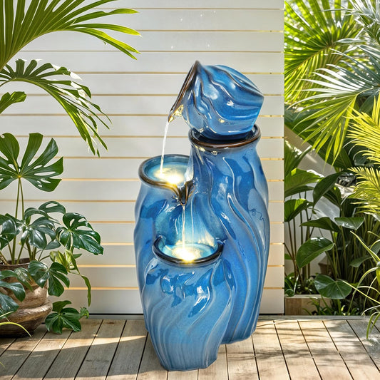 29" Ceramic Outdoor Fountain with Lights, 4-Tier Pots Waterfalls Patio Water Fountain, Tranquil Oasis for Relaxing Garden, Yard, or Porch Decor, Turquoise, Dynamic Wave-Texture