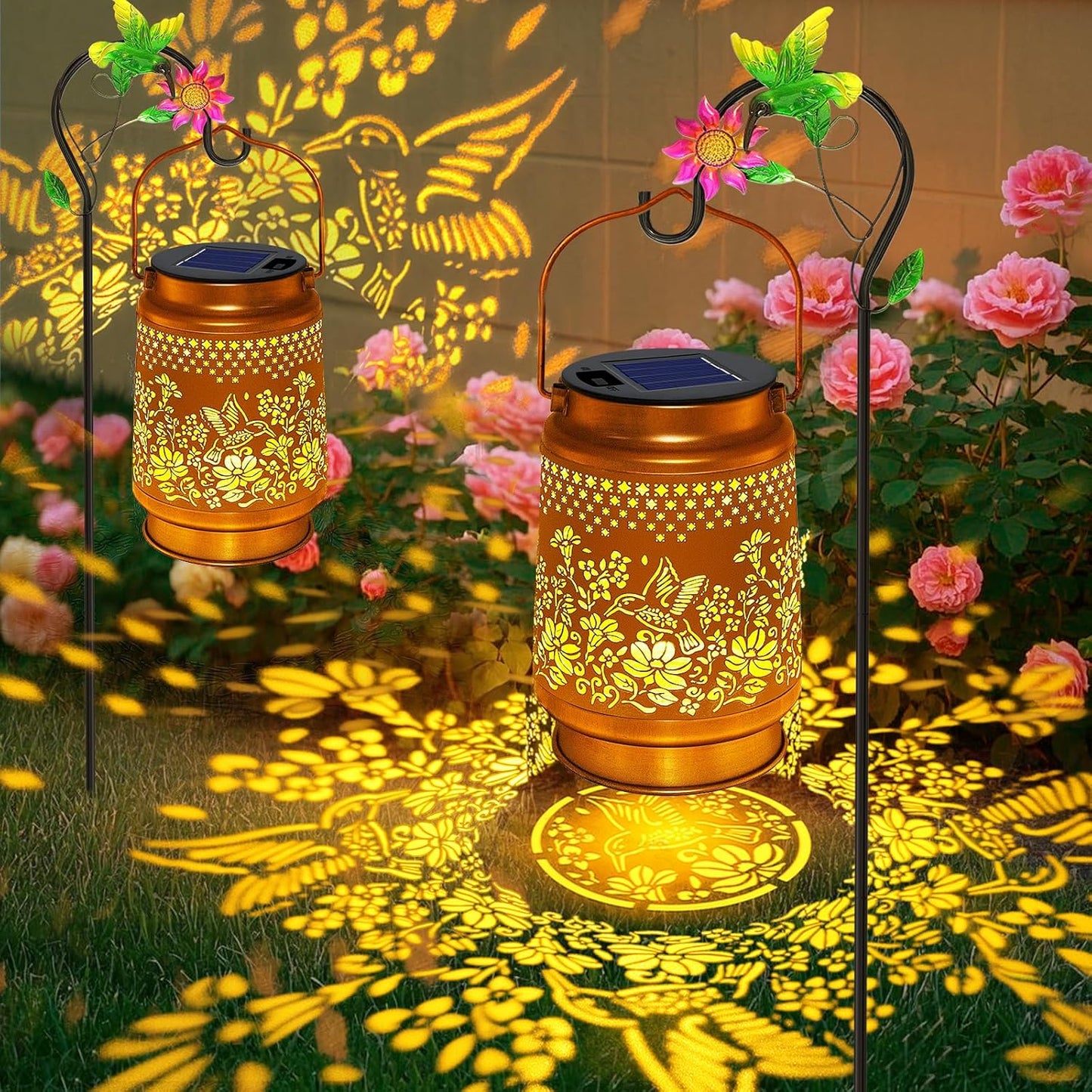 2 Pack Solar Lanterns Outdoor Hummingbird Garden Decor, Birthday Gifts for Mom Women Grandma Waterproof Metal Hanging Solar Lights with Shepherd Hook LED Decorative Outside for Yard Porch Lawn Patio