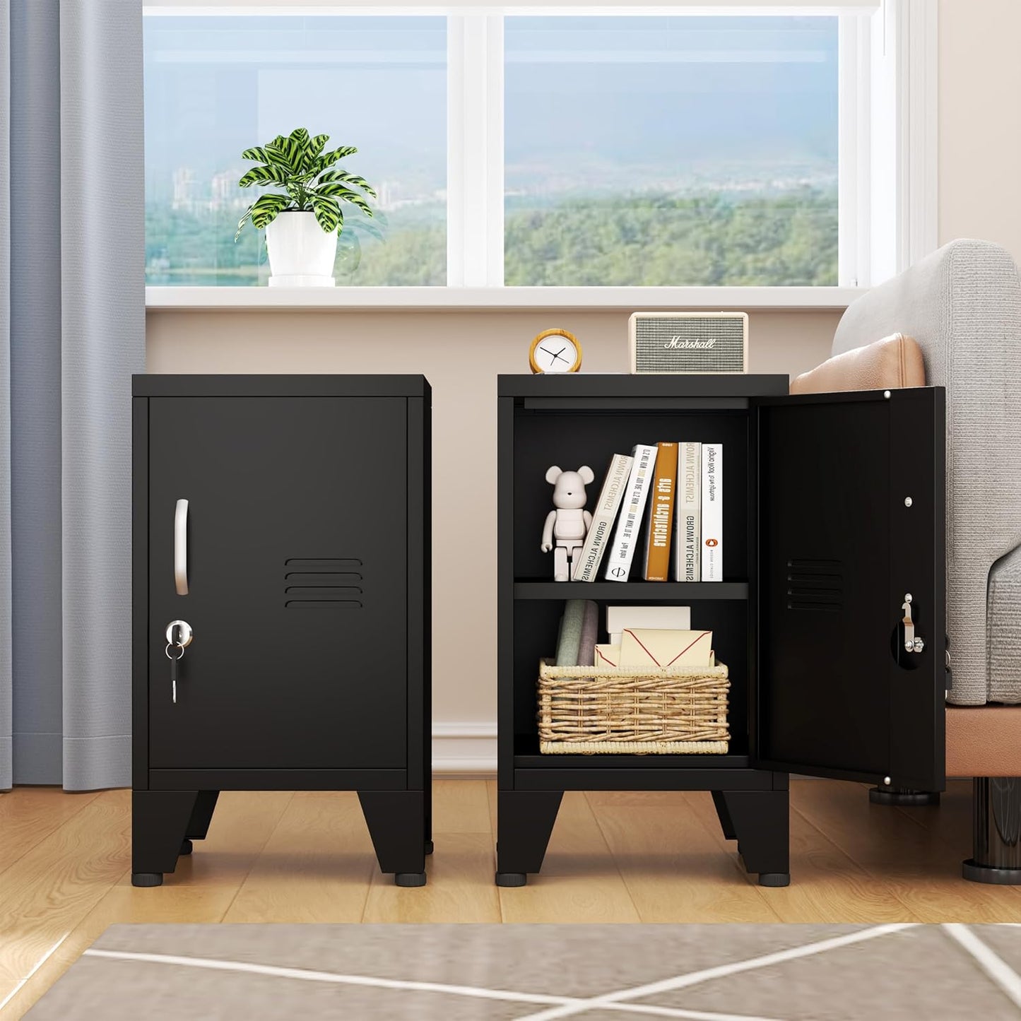 24.4" H Black Metal NightStand Locker Storage Cabinet with 1 Doors, File Cabinet with Shelves, Storage Cabinet with Adjustable Leveling Foot for Home Office Living Room or Bed Room