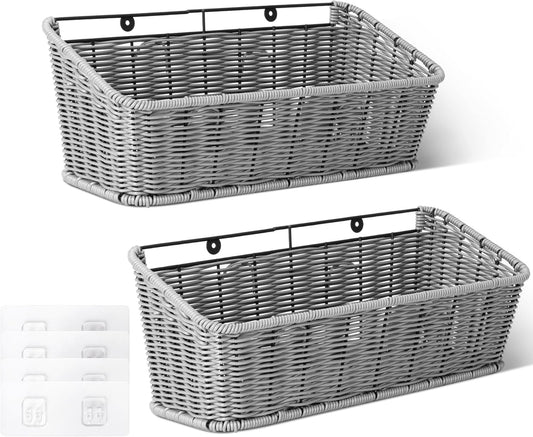 GRANNY SAYS Wicker Hanging Basket, 2 Pack Storage Baskets for Cabinet, Wall Mount Fruit Basket for Kitchen, Adhesive Bathroom Cabinet Organizer, Pantry Organizers and Storage, Gray