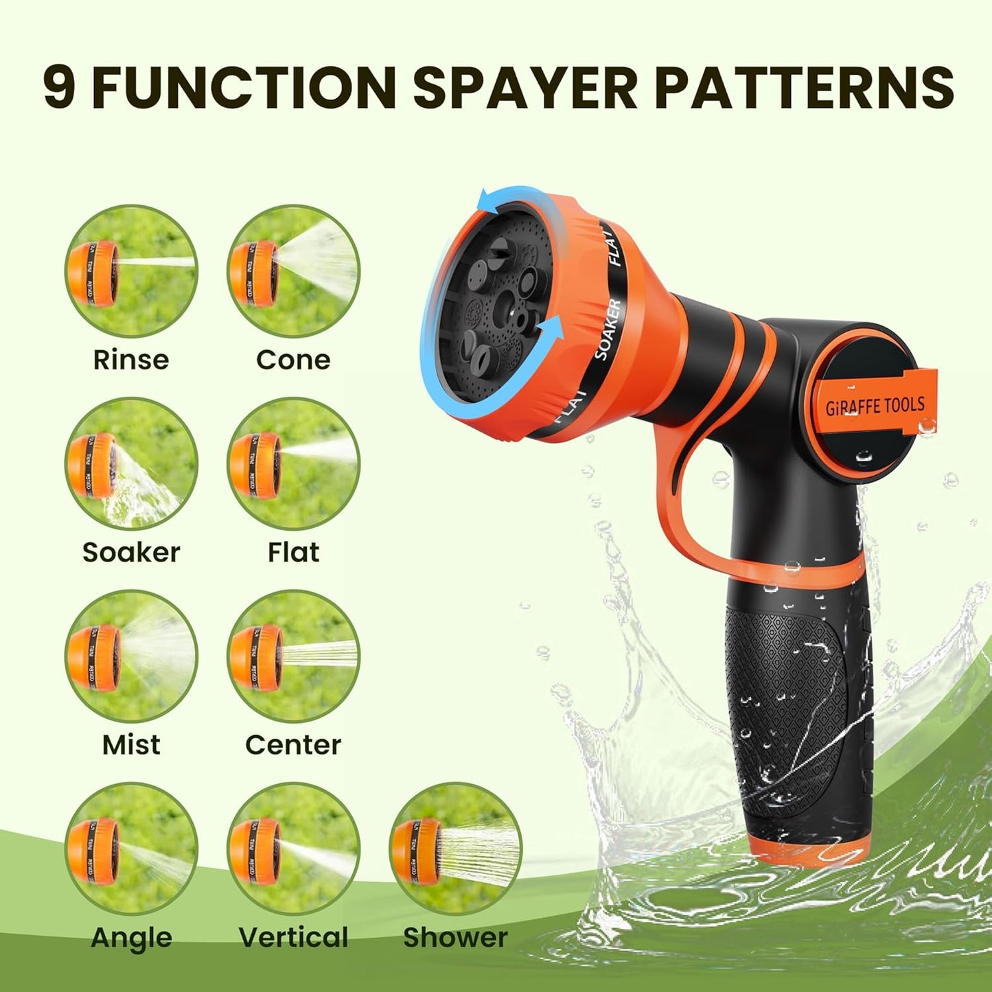 Giraffe Tools Garden Hose 50FT 1/2” Non-Expandable Lightweight Flexible Water Hoses Burst 600 psi with 9 Spray Function Nozzle Heavy Duty Hose