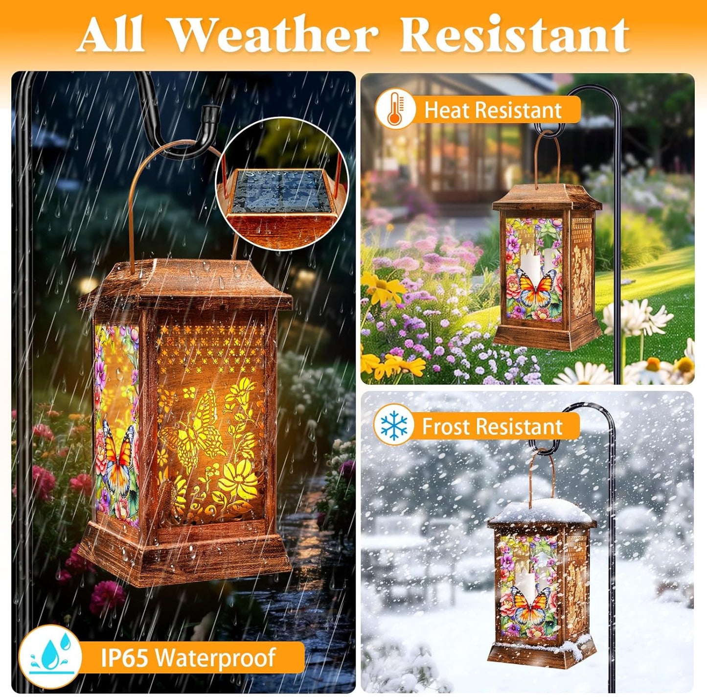 Butterfly Solar Lanterns Outdoor Waterproof, Metal & Glass Hanging Lights Garden Decor, Birthday Gifts for Women Mom Grandma Mothers Day, Decorative Lights for Outside Yard Patio Backyard Porch