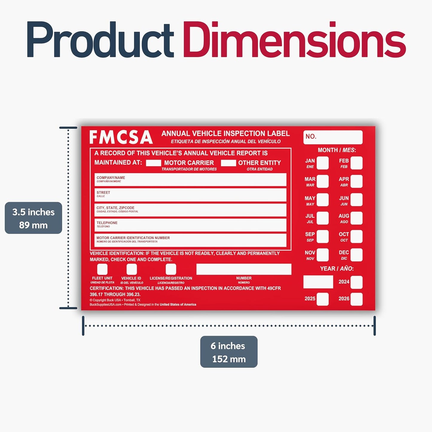 25 Pack Buck Aluminum Annual Vehicle Inspection Label with Punch Boxes, 2 Mil Red FMCSA Self Adhesive Sticker, DOT Compliant, Weatherproof, Tear Resistant, Easy to Write On, 6" x 3.5" - Made in USA