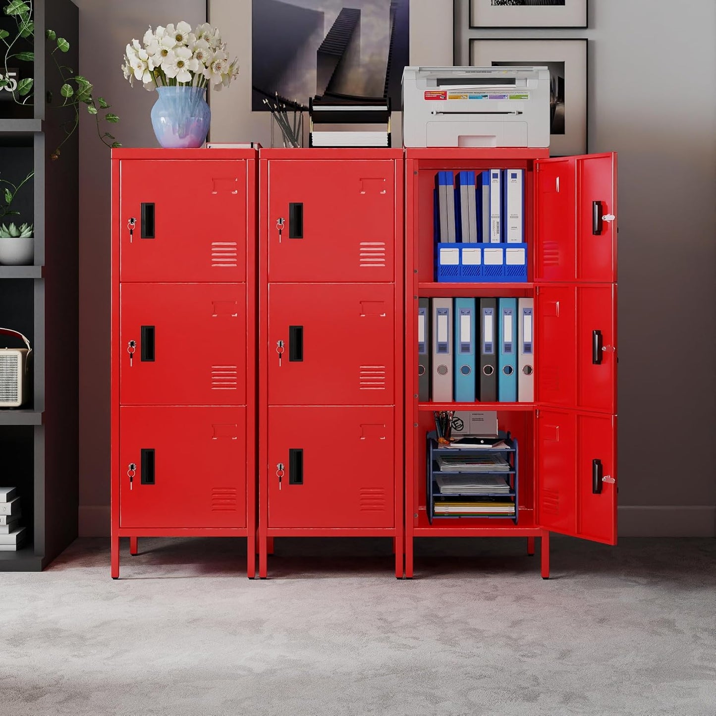 47.3" H x 15.8" D x 15.8" W Metal Storage Locker for Employees,3 Doors Employee Lockers with Adjustable Feet,Steel Home Office Storage Cabinet for School Gym Home Office, Assembly Required,Red