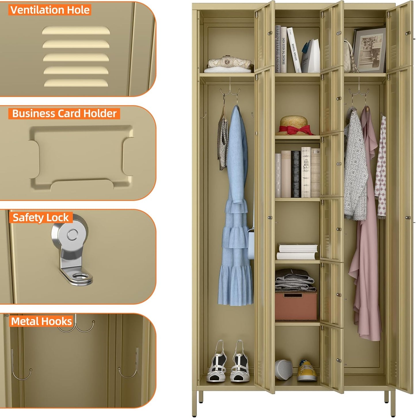72" H Metal Storage Lockers with Doors,Industrial Combination Employee Lockers with Hooks for Office,Home Gym,School,Assembly Required,8+2Doors,Camel