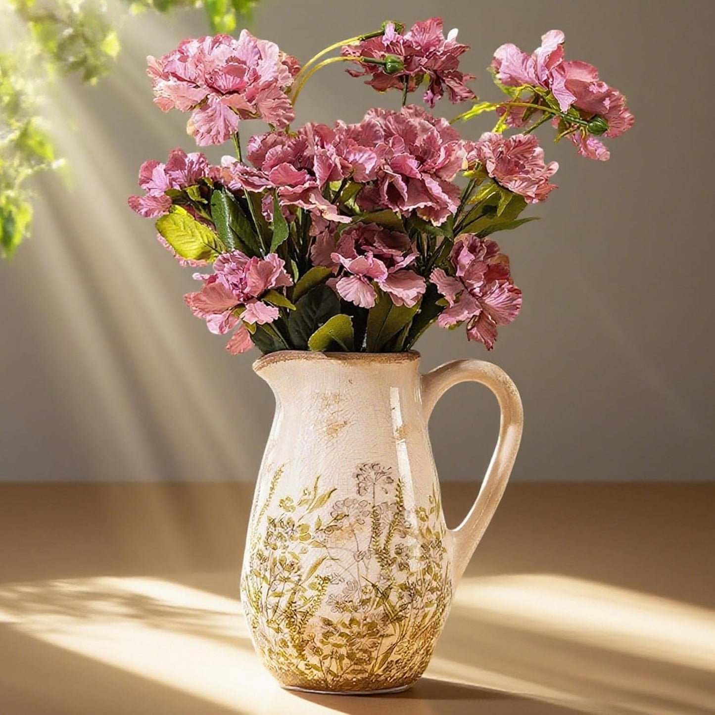 Vintage Green and Beige Ceramic Pitcher Vase with Handle, Farmhouse Floral Decorative Vase, Rustic Table Centerpiece for Home Decor, Living Room, French Country Grand Millennial Decor 8.7 in