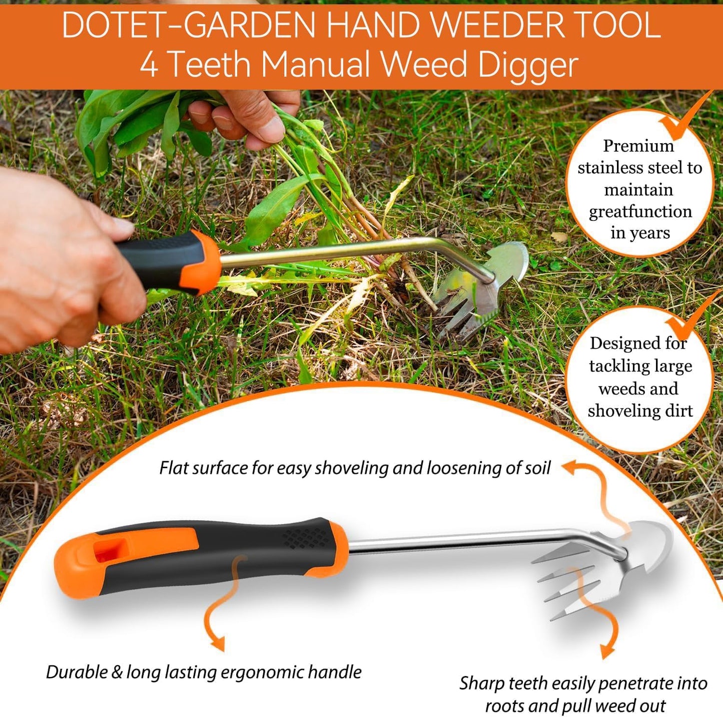 Weed Puller Tool Garden Weed Pulling Tool, 2025 New Durable Garden Weed Pulling Tool, Portable Garden Weeder Tool for Vegetable Gardening, 4 Teeth Manganese Steel Forged Hand Weeder(Orange)