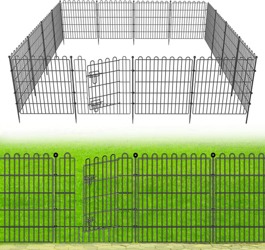 10 Panels No Dig Decorative Garden Fence with Gate for Yard, 24 in(H) X 20 ft(L) Animal Barrier Fencing for Outdoor Dog, Metal Portable Garden Fences for Borders, Pets, Landscape, Temporary Fence