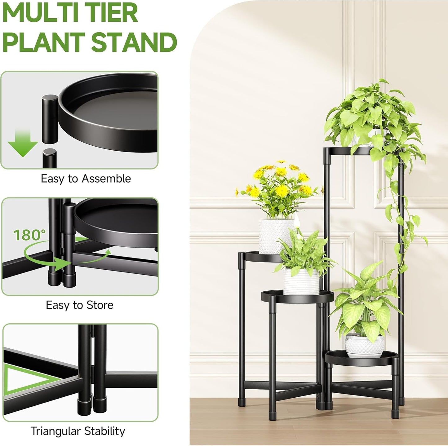 4-Tier Metal Plant Stand, Indoor Outdoor Corner Shelf, Folding Flower Pot Display Rack for Patio, Garden, Living Room