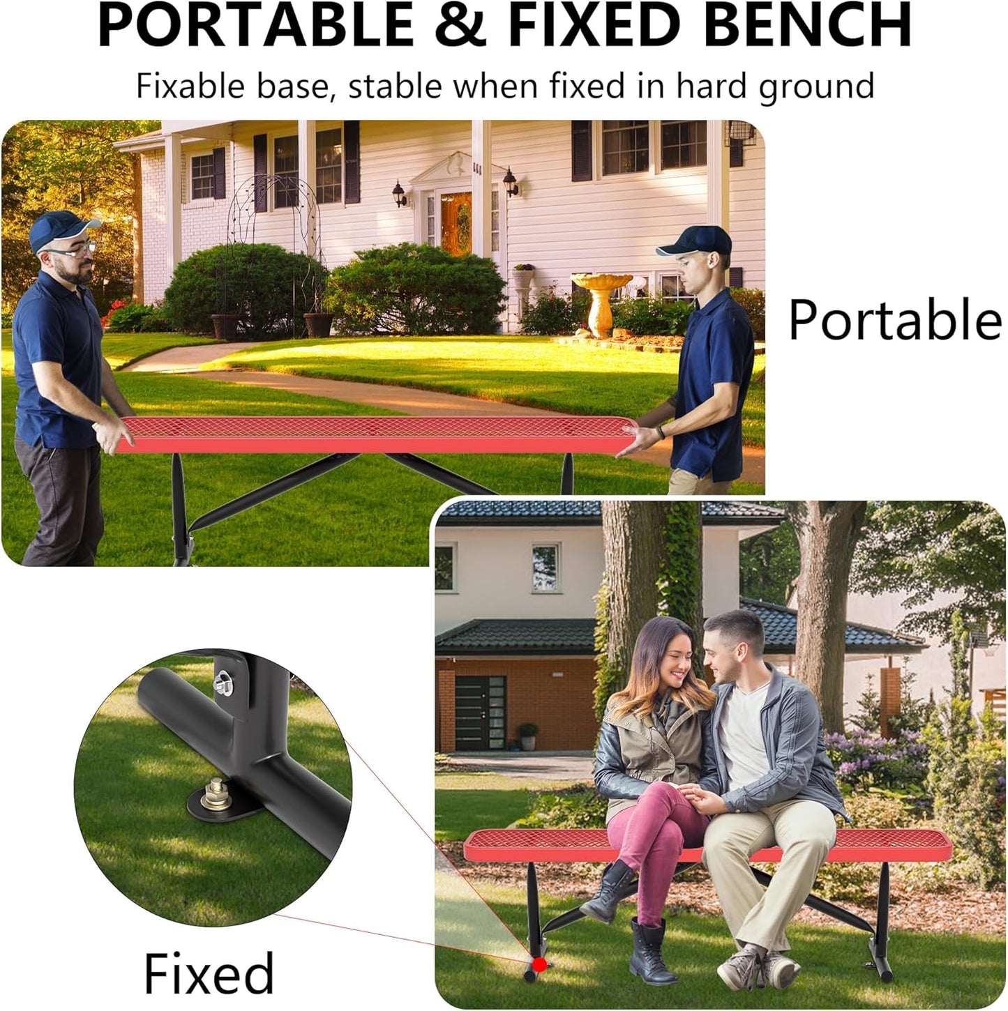 6 Feet Heavy Duty Metal Park Bench for Outside, Outdoor Bench with Portable Frame, Commercial Benches for Shopping Mall, Store, Park, Patio, Deck, Red