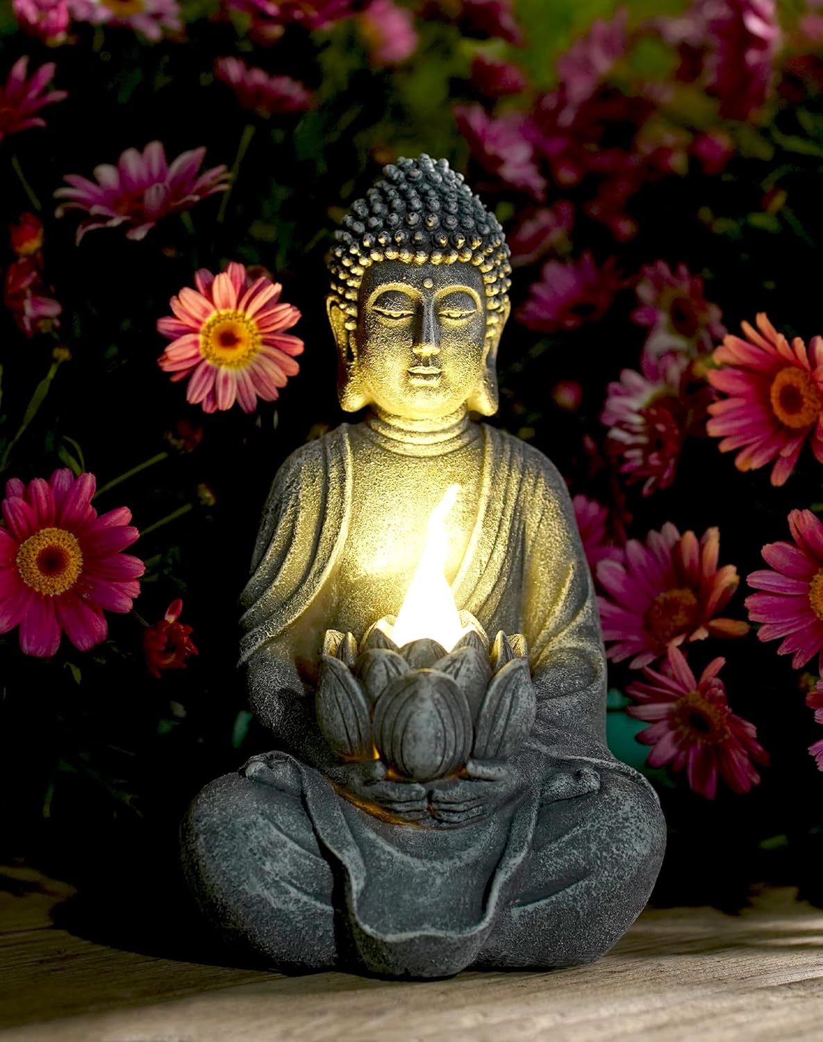 Goodeco Buddha Statue with Solar Lotus - Meditating Yoga Statues with Solar LED Lights, 8.1 Inches Sitting Buddha Serene Resin Figurine for Patio Yard Lawn Ornaments, Home & Outside (Grey Buddha)
