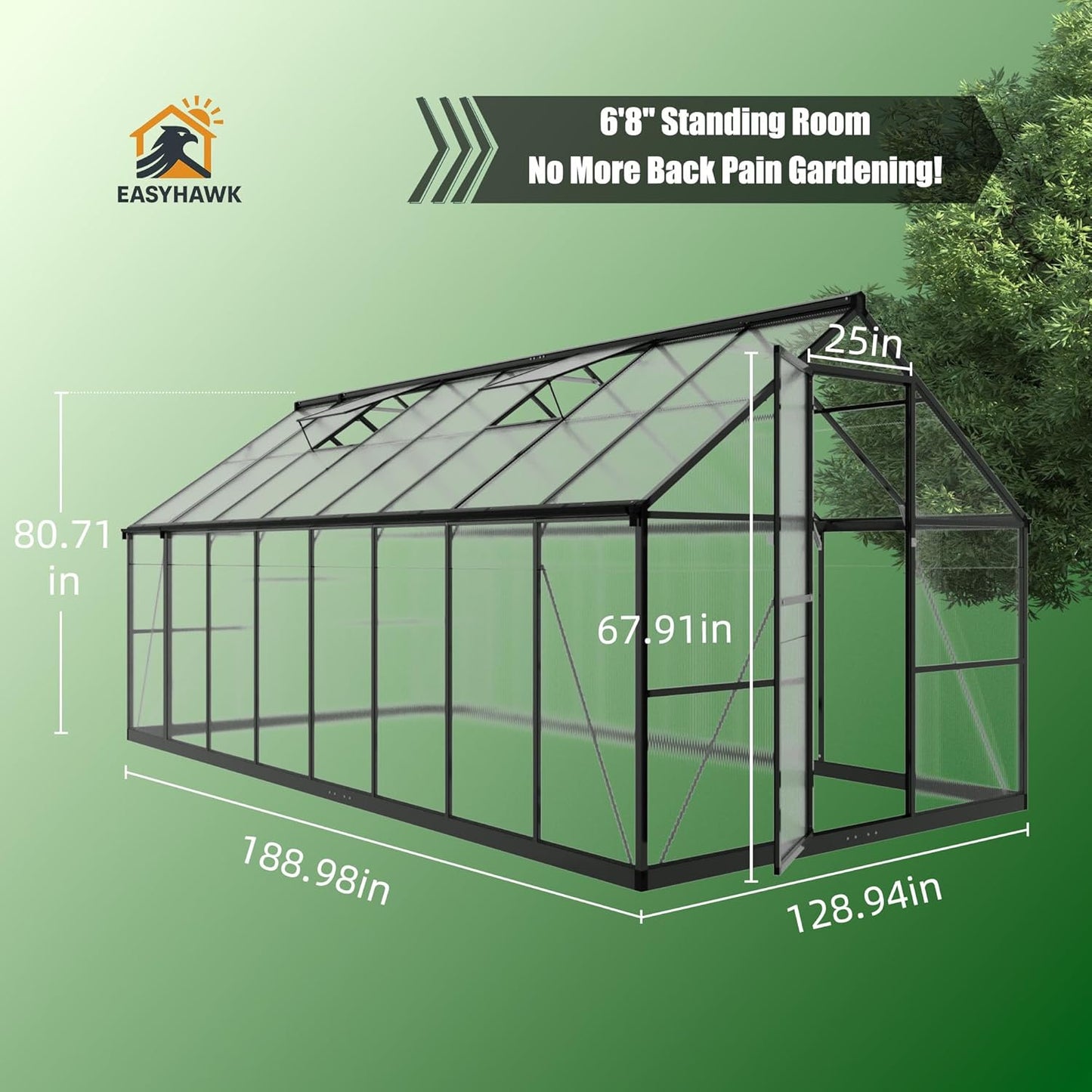 8x16 FT Greenhouse, Polycarbonate Green House with Quick Setup Structure and Roof Vent, Aluminum Large Walk-in Greenhouse for Outside Garden Backyard, Black