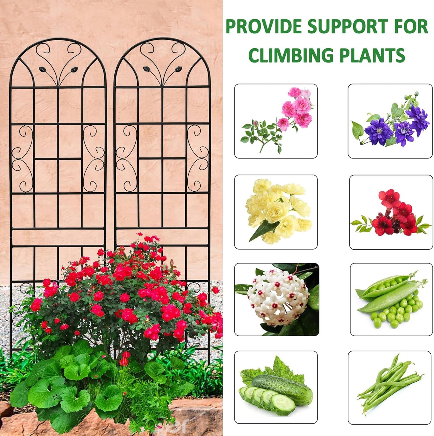 4 Pack Metal Garden Trellis 86.7" Tall Outdoor Climbing Plant Support for Roses, Flowers, Rustproof Durable Black Galvanized Tube, Lawn Garden Fence Decor Screen (4, Black curves-86.7" H)