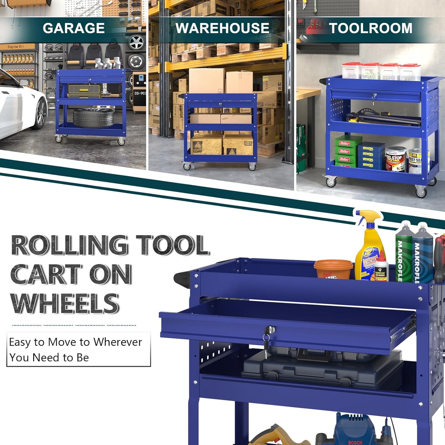 3 Tier Rolling Tool Cart on Wheels with Locking Drawer - Metal Service Cart Industrial Utility Cart for Mechanic - 350 LBS Mobile Storage Organizer for Garage, (Blue)