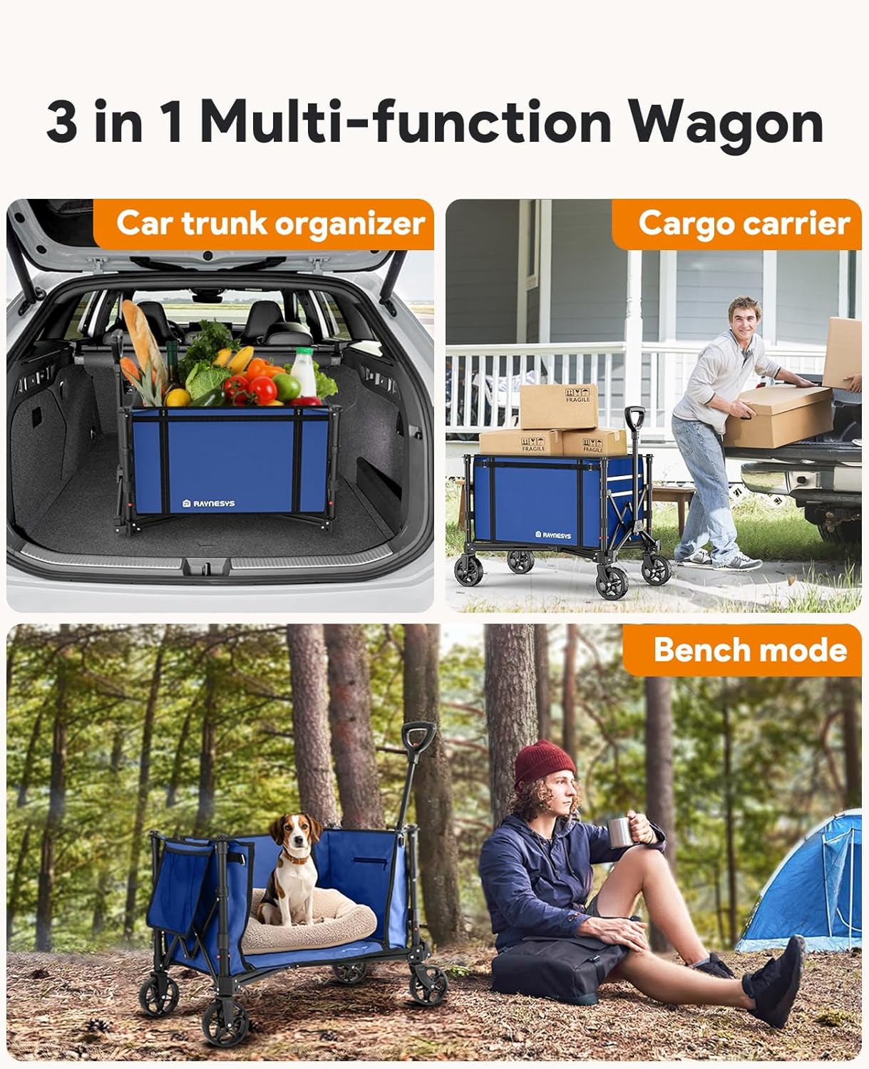 Collapsible Wagon Cart with Wheels 220lbs Foldable Wagon 120L Shopping Cart for Groceries Folding Utility Wagon for Beach, Garden, Camping, Sport, Wheelbarrows, Indigo